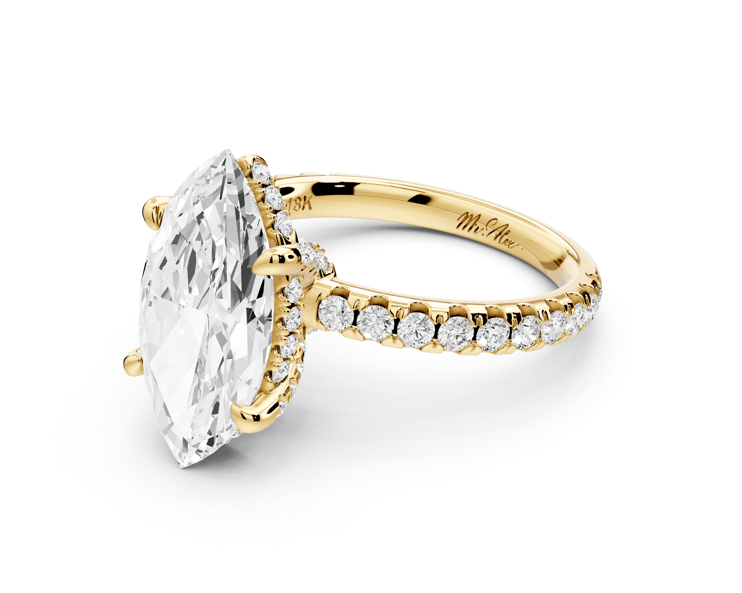Jade - 3ct 18k yellow gold marquise hidden halo diamond crown and bridge pavé engagement ring - Mr. Alex Jewelry
