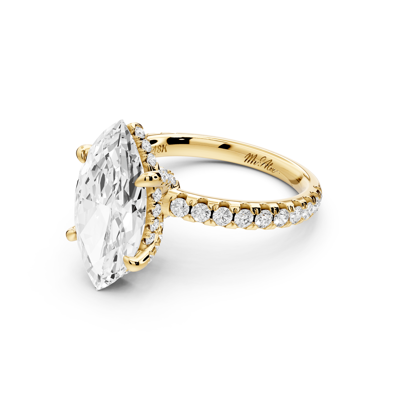 Jade - 3ct 18k yellow gold marquise hidden halo diamond crown and bridge pavé engagement ring - Mr. Alex Jewelry