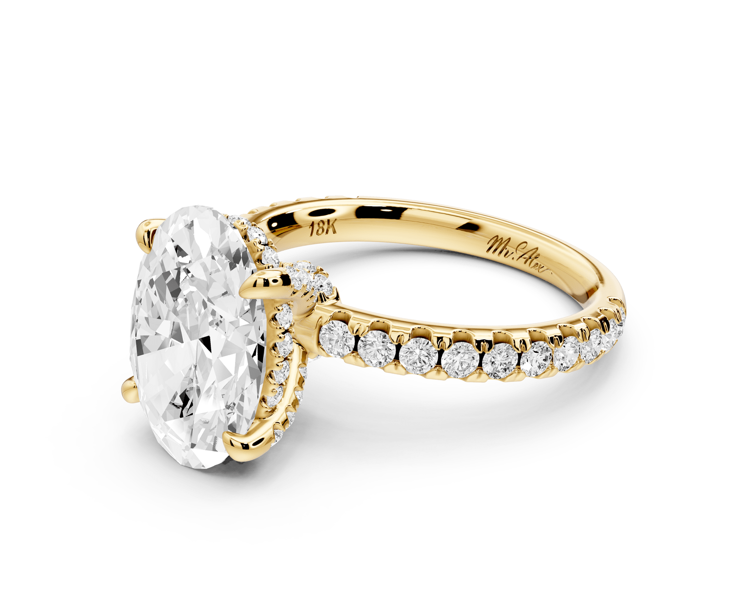 Jade - 3ct 18k yellow gold oval hidden halo diamond crown and bridge pavé engagamnet ring - Mr. Alex Jewelry