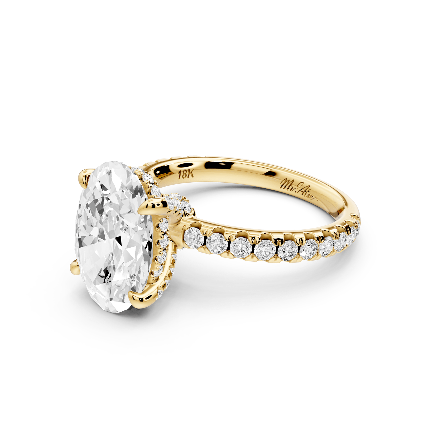 Jade - 3ct 18k yellow gold oval hidden halo diamond crown and bridge pavé engagamnet ring - Mr. Alex Jewelry