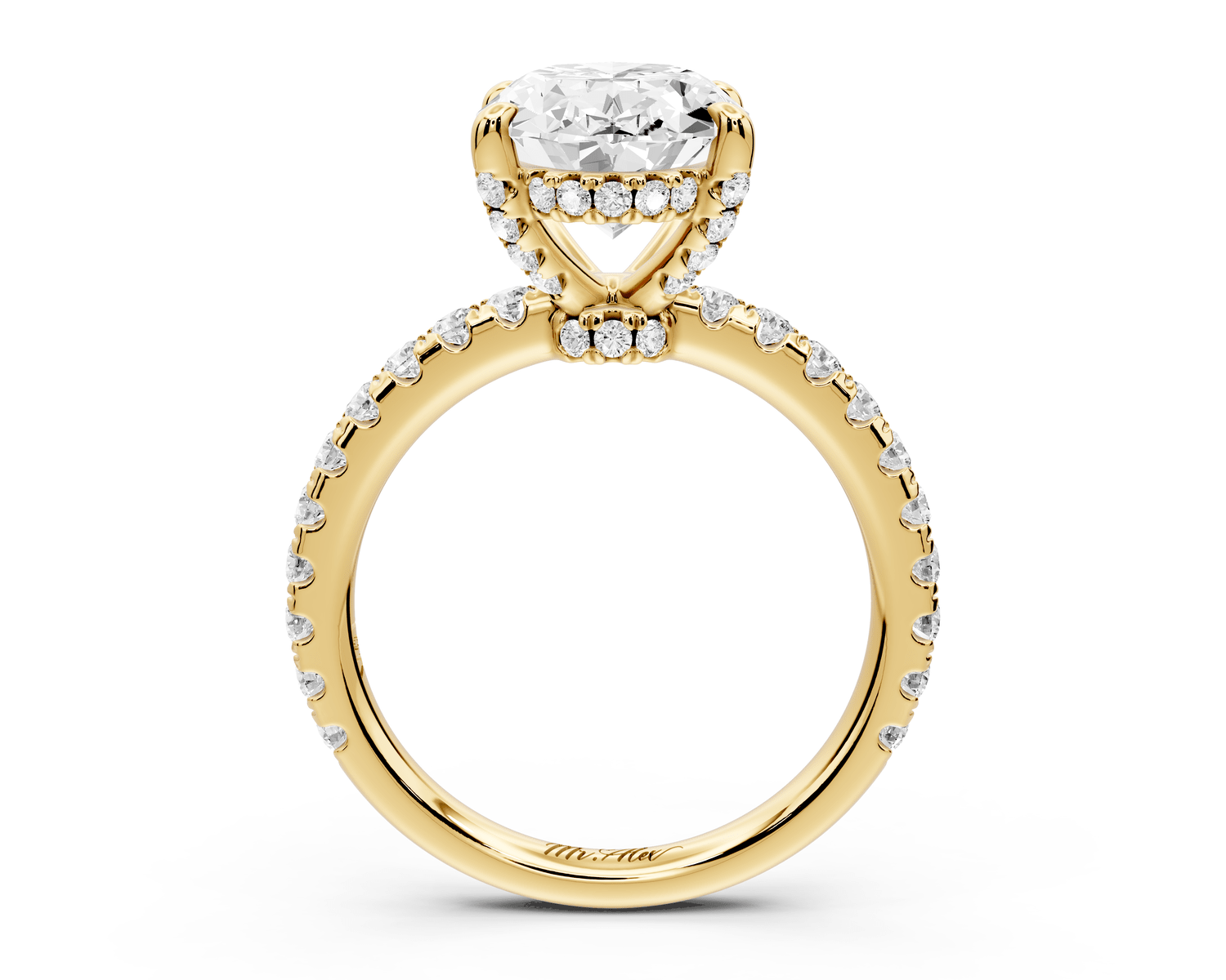 Jade - 3ct 18k yellow gold oval hidden halo diamond crown and bridge pavé engagamnet ring - Mr. Alex Jewelry