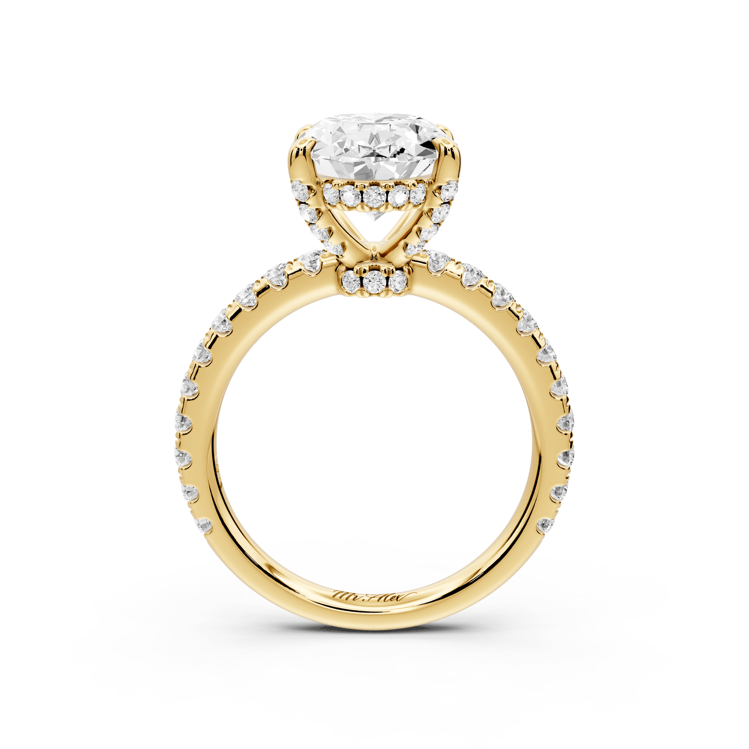 Jade - 3ct 18k yellow gold oval hidden halo diamond crown and bridge pavé engagamnet ring - Mr. Alex Jewelry