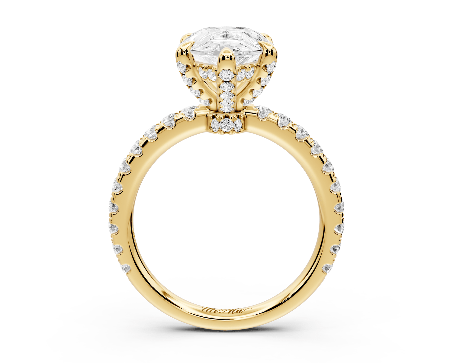 Jade - 3ct 18k yellow gold pear hidden halo diamond crown and bridge pavé engagamnet ring - Mr. Alex Jewelry