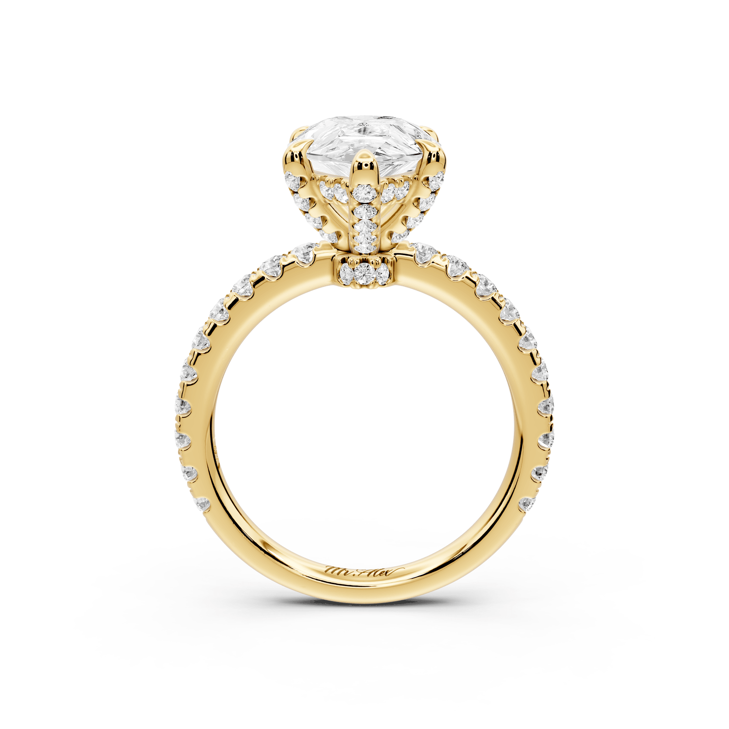Jade - 3ct 18k yellow gold pear hidden halo diamond crown and bridge pavé engagamnet ring - Mr. Alex Jewelry