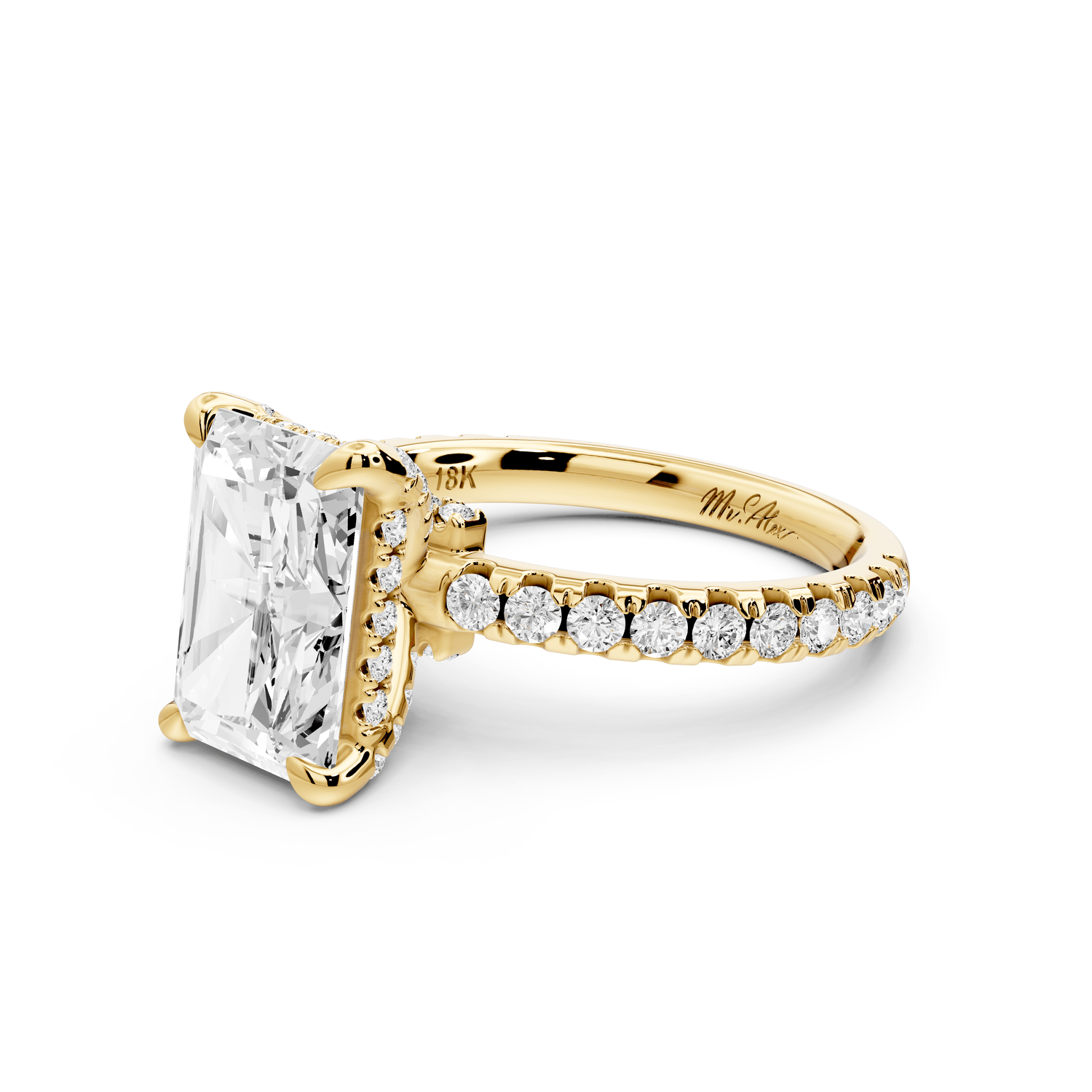 Jade - 3ct 18k yellow gold radiant hidden halo diamond crown and bridge pavé engagement ring - Mr. Alex Jewelry