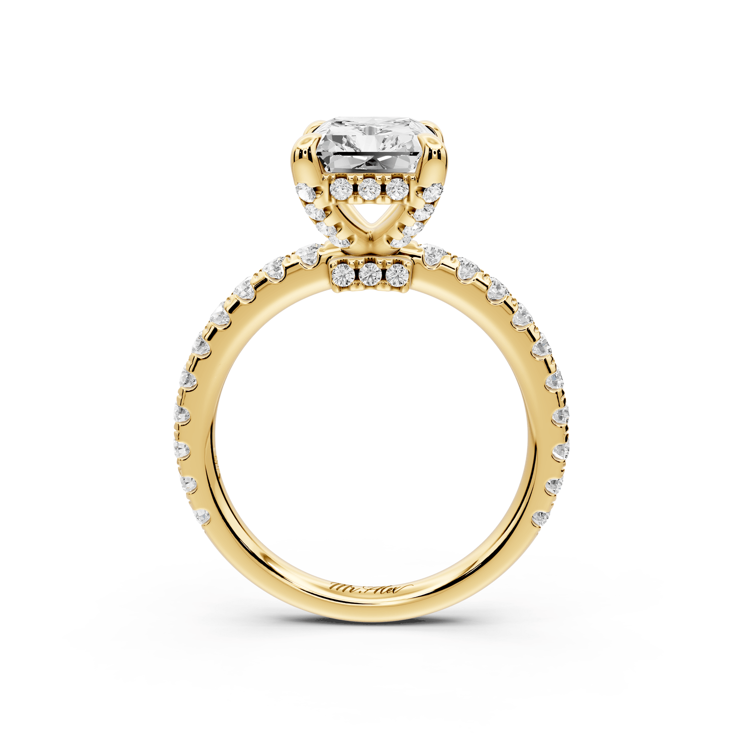 Jade - 3ct 18k yellow gold radiant hidden halo diamond crown and bridge pavé engagement ring - Mr. Alex Jewelry