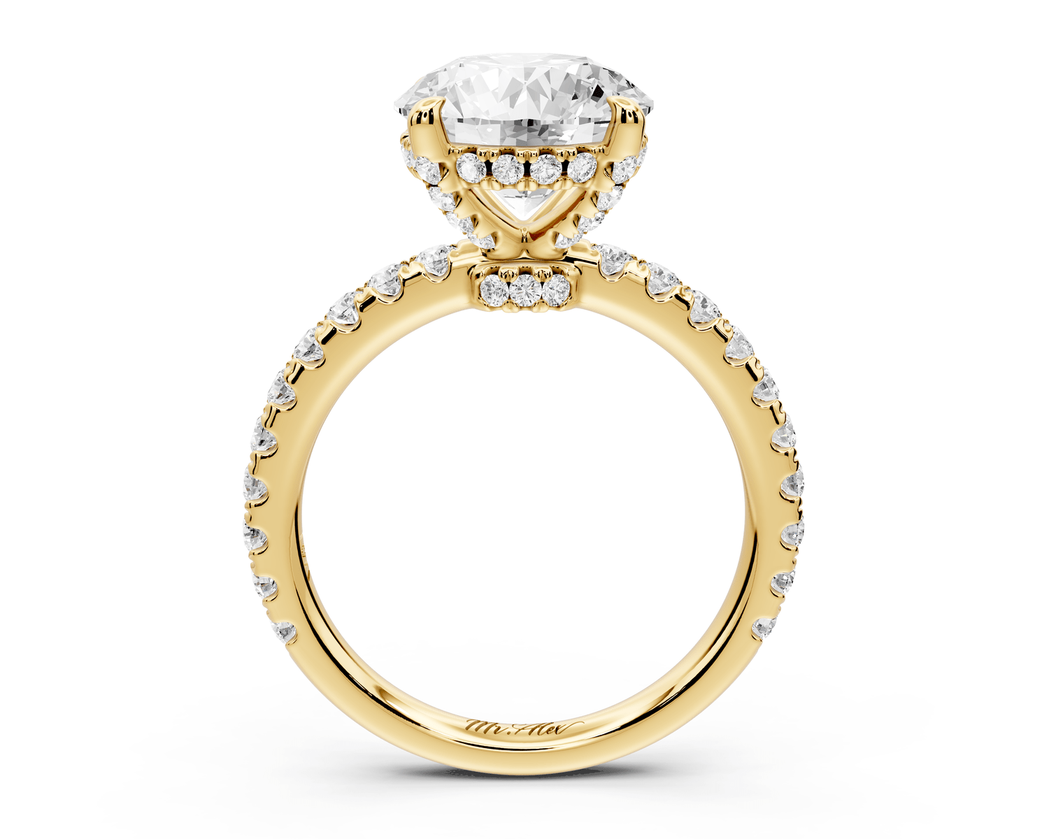 Jade - 3ct 18k yellow gold round hidden halo diamond crown and bridge pavé engagamnet ring - Mr. Alex Jewelry