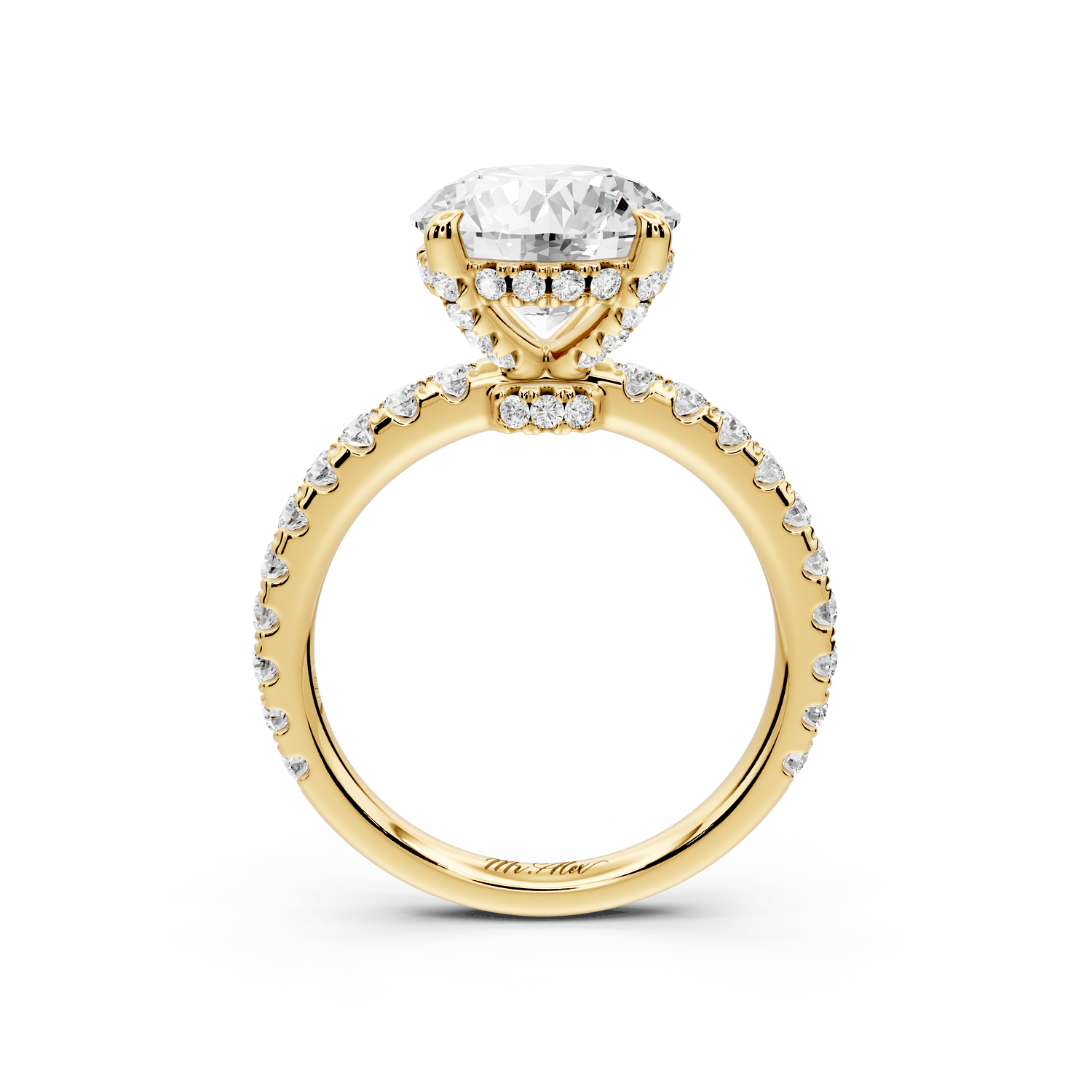 Jade - 3ct 18k yellow gold round hidden halo diamond crown and bridge pavé engagamnet ring - Mr. Alex Jewelry