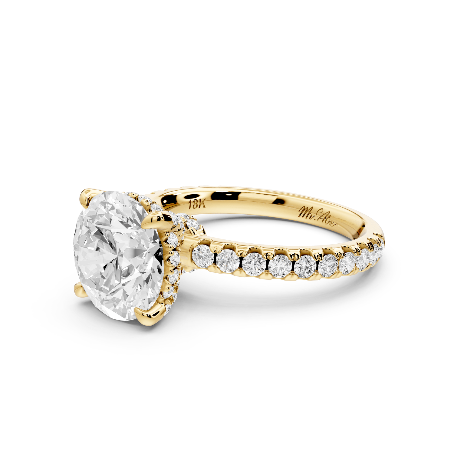 Jade - 3ct 18k yellow gold round hidden halo diamond crown and bridge pavé engagamnet ring - Mr. Alex Jewelry