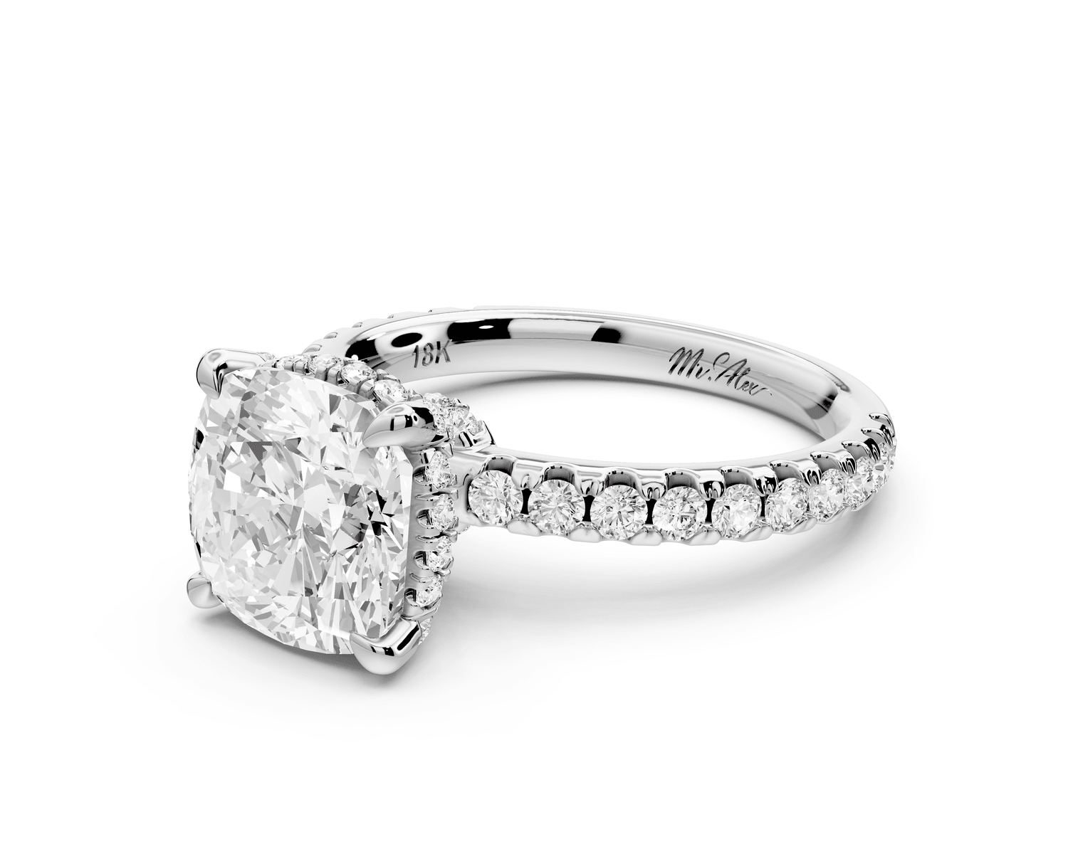Jade - 3ct platinum cushion hidden halo diamond crown and bridge pavé engagement ring - Mr. Alex Jewelry