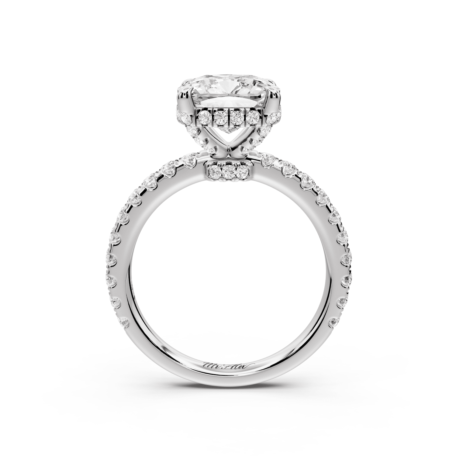 Jade - 3ct platinum cushion hidden halo diamond crown and bridge pavé engagement ring - Mr. Alex Jewelry