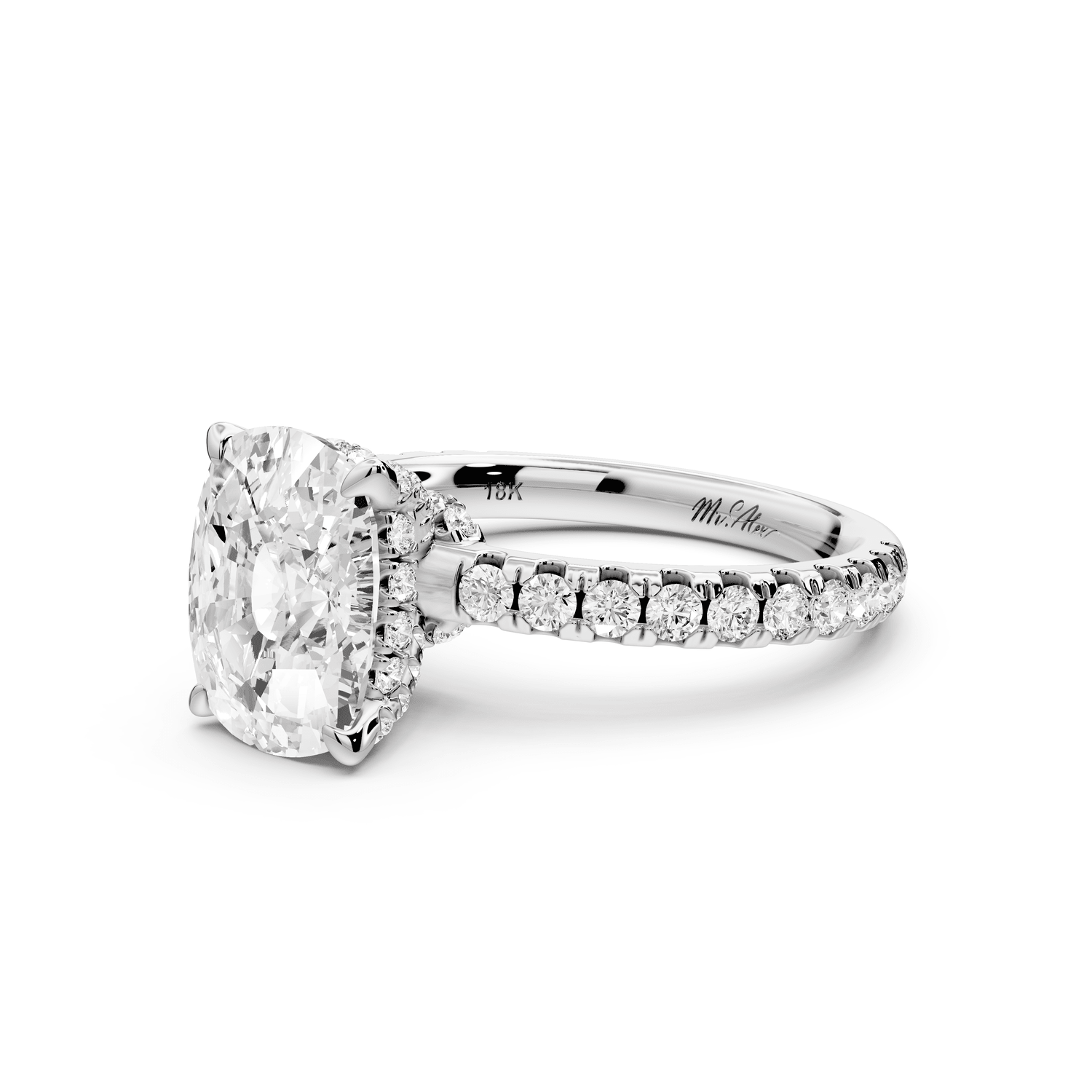 Jade - 3ct platinum ecushion hidden halo diamond crown and bridge pavé engagement ring - Mr. Alex Jewelry