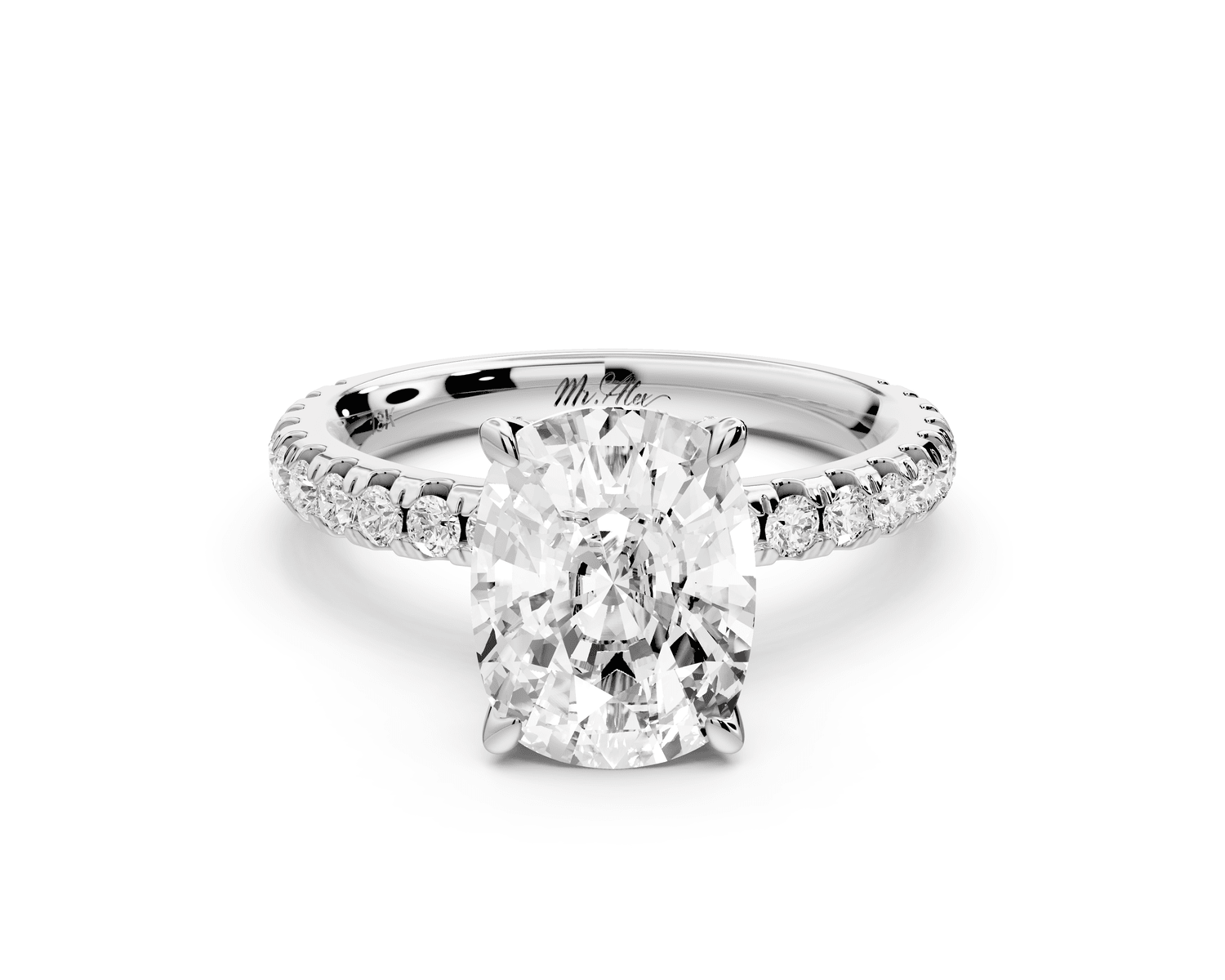 Jade - 3ct platinum ecushion hidden halo diamond crown and bridge pavé engagement ring - Mr. Alex Jewelry