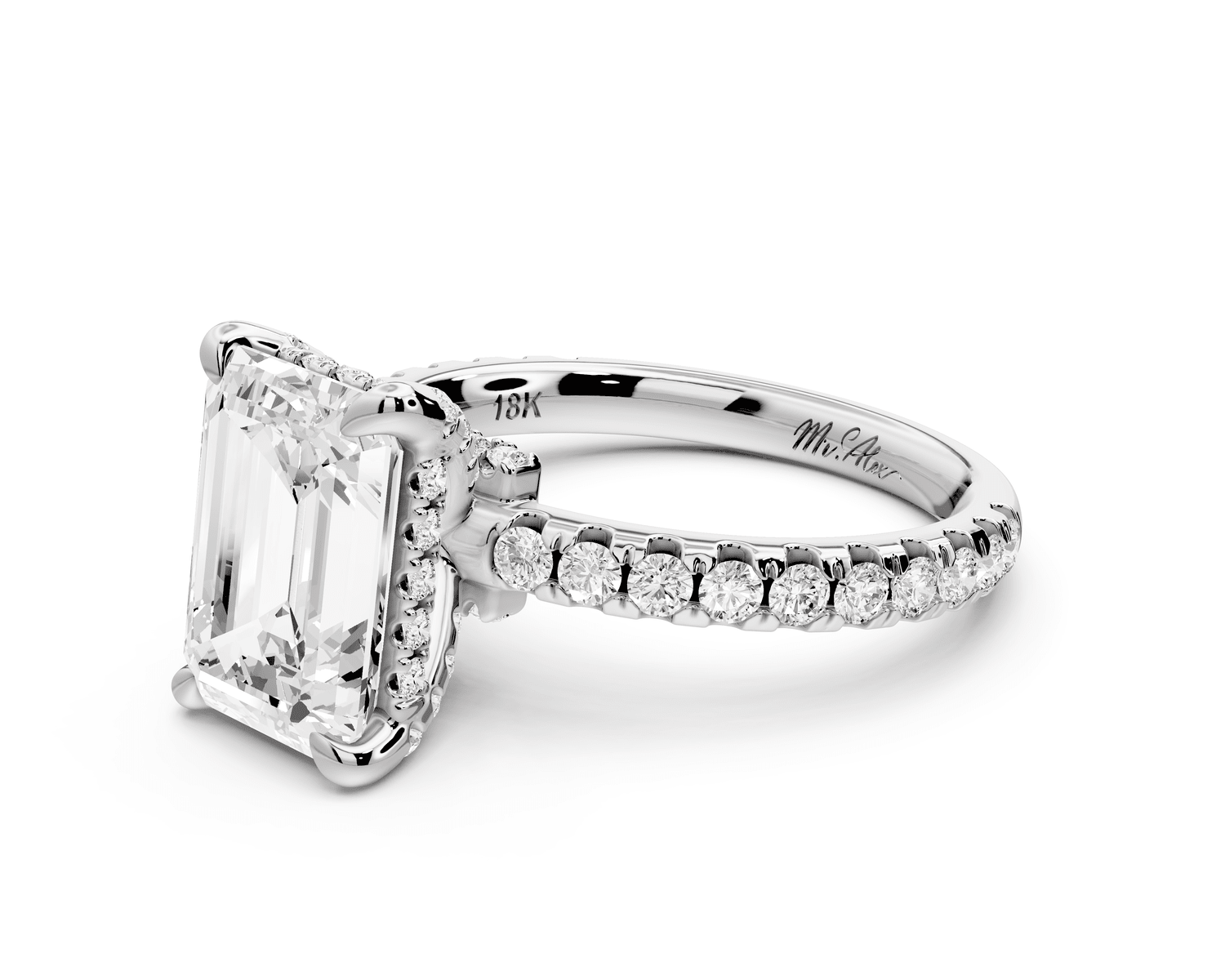 Jade - 3ct platinum emerald hidden halo diamond crown and bridge pavé engagamnet ring - Mr. Alex Jewelry