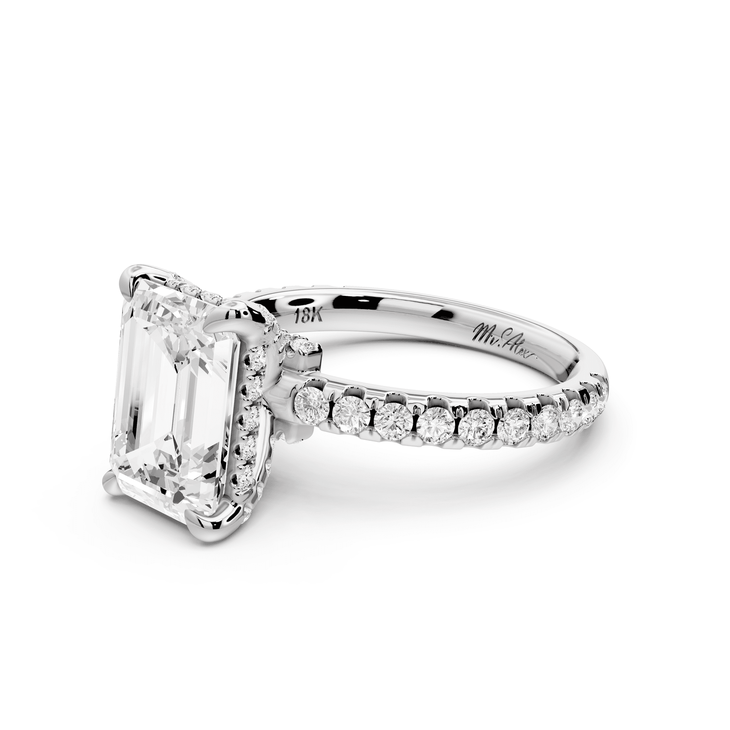Jade - 3ct platinum emerald hidden halo diamond crown and bridge pavé engagamnet ring - Mr. Alex Jewelry