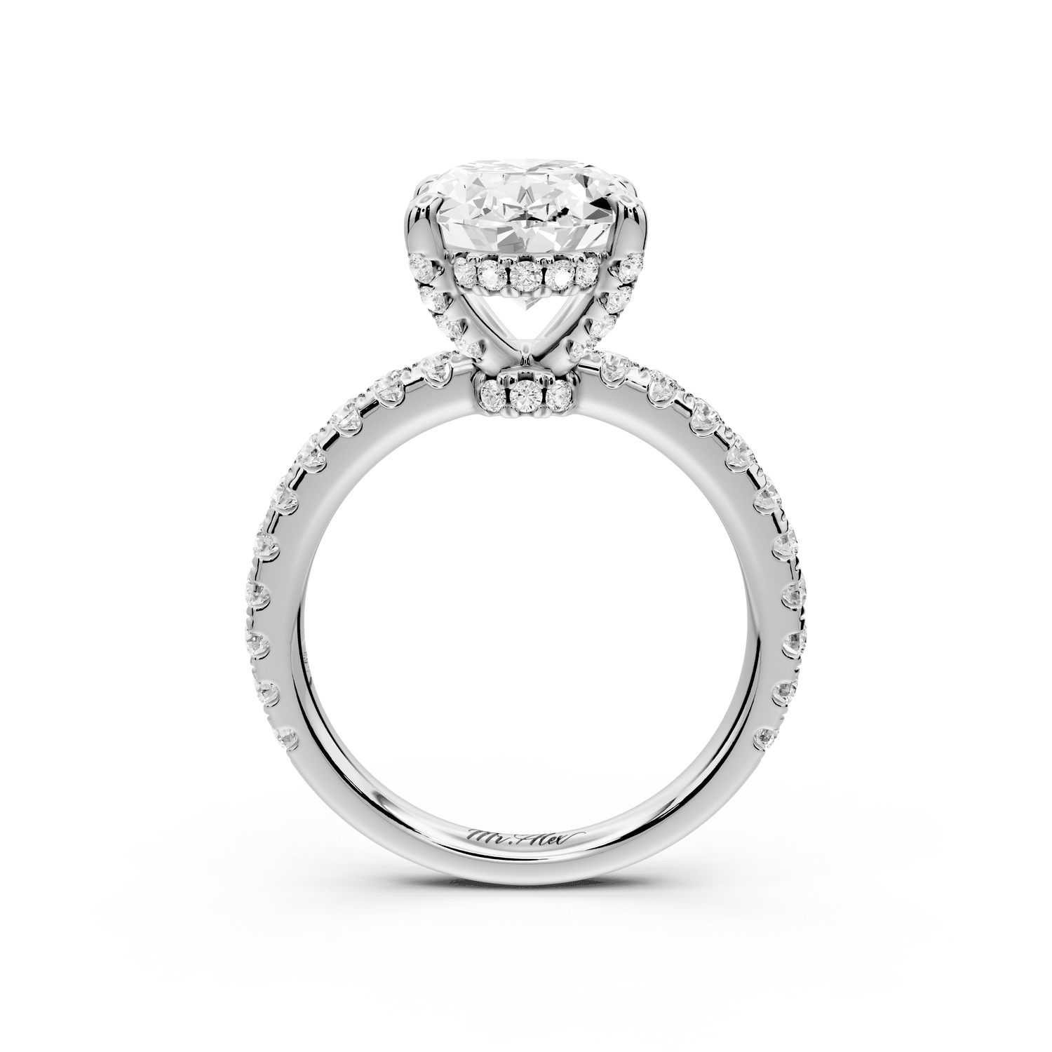 Jade - 3ct platinum oval hidden halo diamond crown and bridge pavé engagamnet ring - Mr. Alex Jewelry
