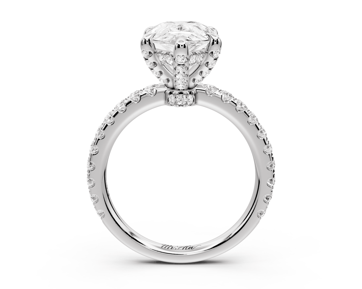 Jade - 3ct platinum pear hidden halo diamond crown and bridge pavé engagamnet ring - Mr. Alex Jewelry