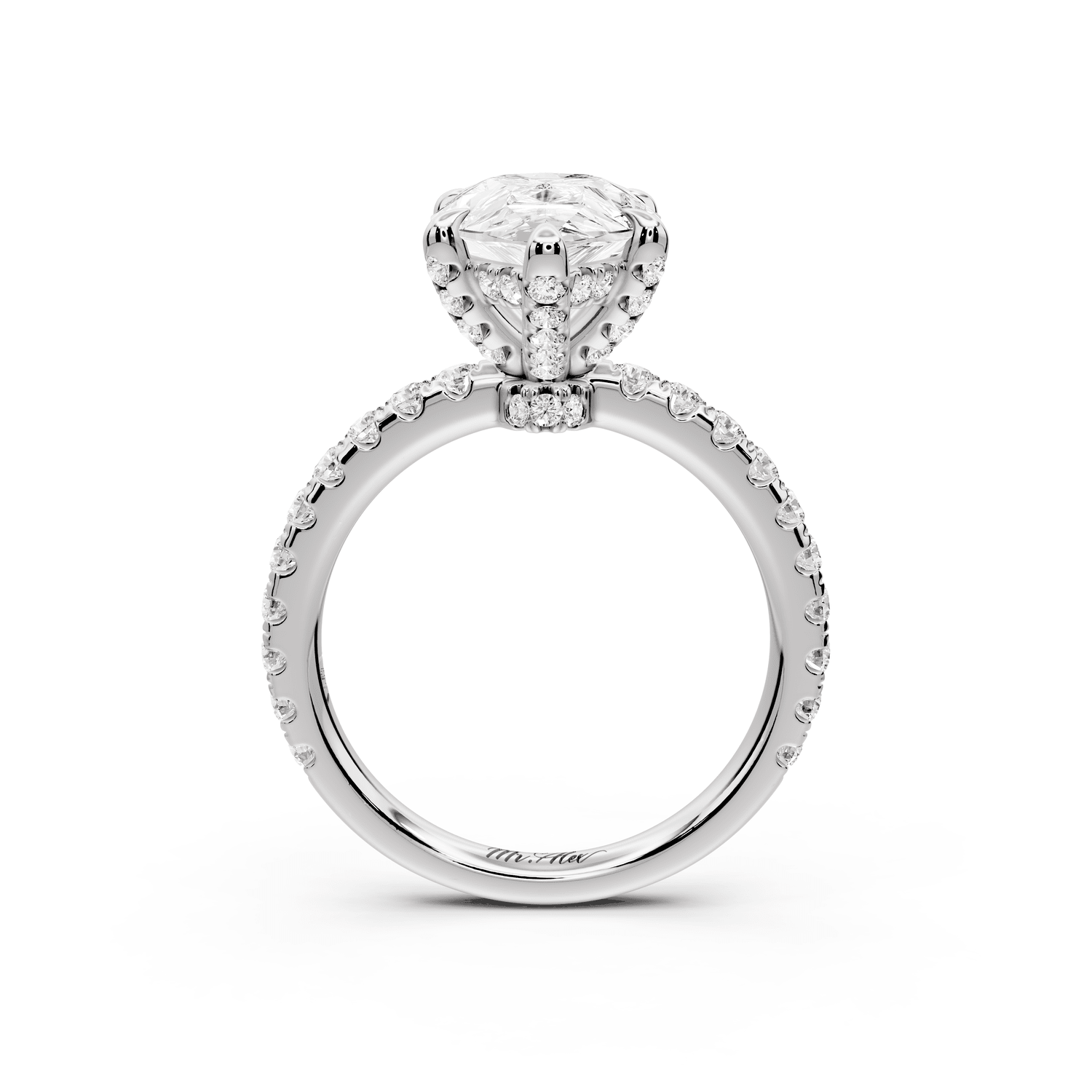 Jade - 3ct platinum pear hidden halo diamond crown and bridge pavé engagamnet ring - Mr. Alex Jewelry