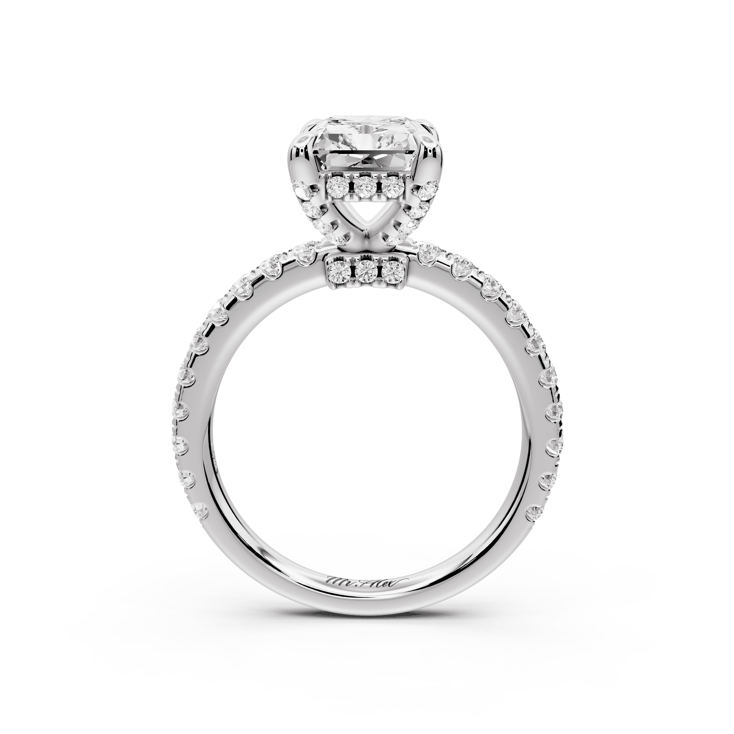Jade - 3ct platinum radiant hidden halo diamond crown and bridge pavé engagement ring - Mr. Alex Jewelry