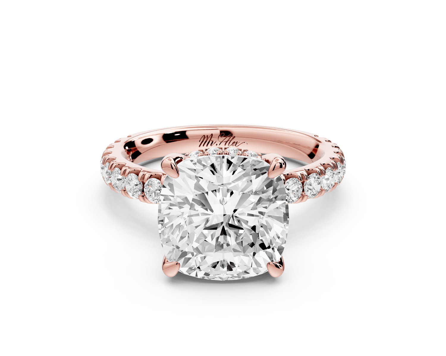 Jade - 4ct 14k rose gold cushion hidden halo diamond crown and bridge pavé engagement ring - Mr. Alex Jewelry
