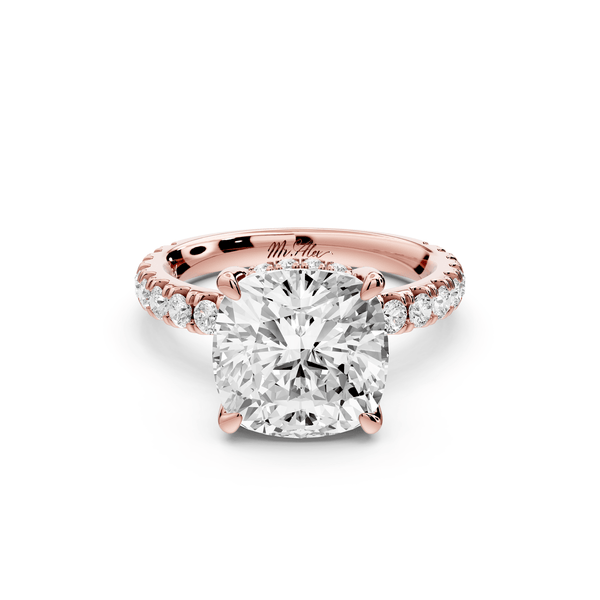 Jade - 4ct 14k rose gold cushion hidden halo diamond crown and bridge pavé engagement ring - Mr. Alex Jewelry