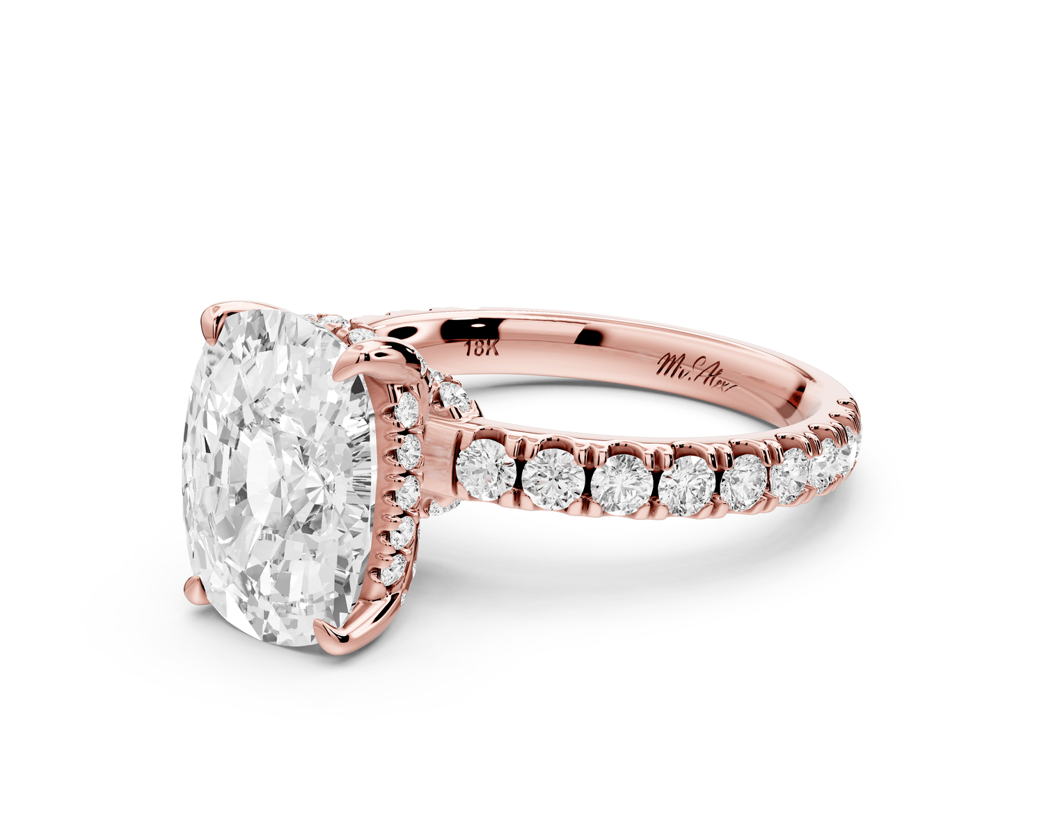 Jade - 4ct 14k rose gold ecushion hidden halo diamond crown and bridge pavé engagement ring - Mr. Alex Jewelry