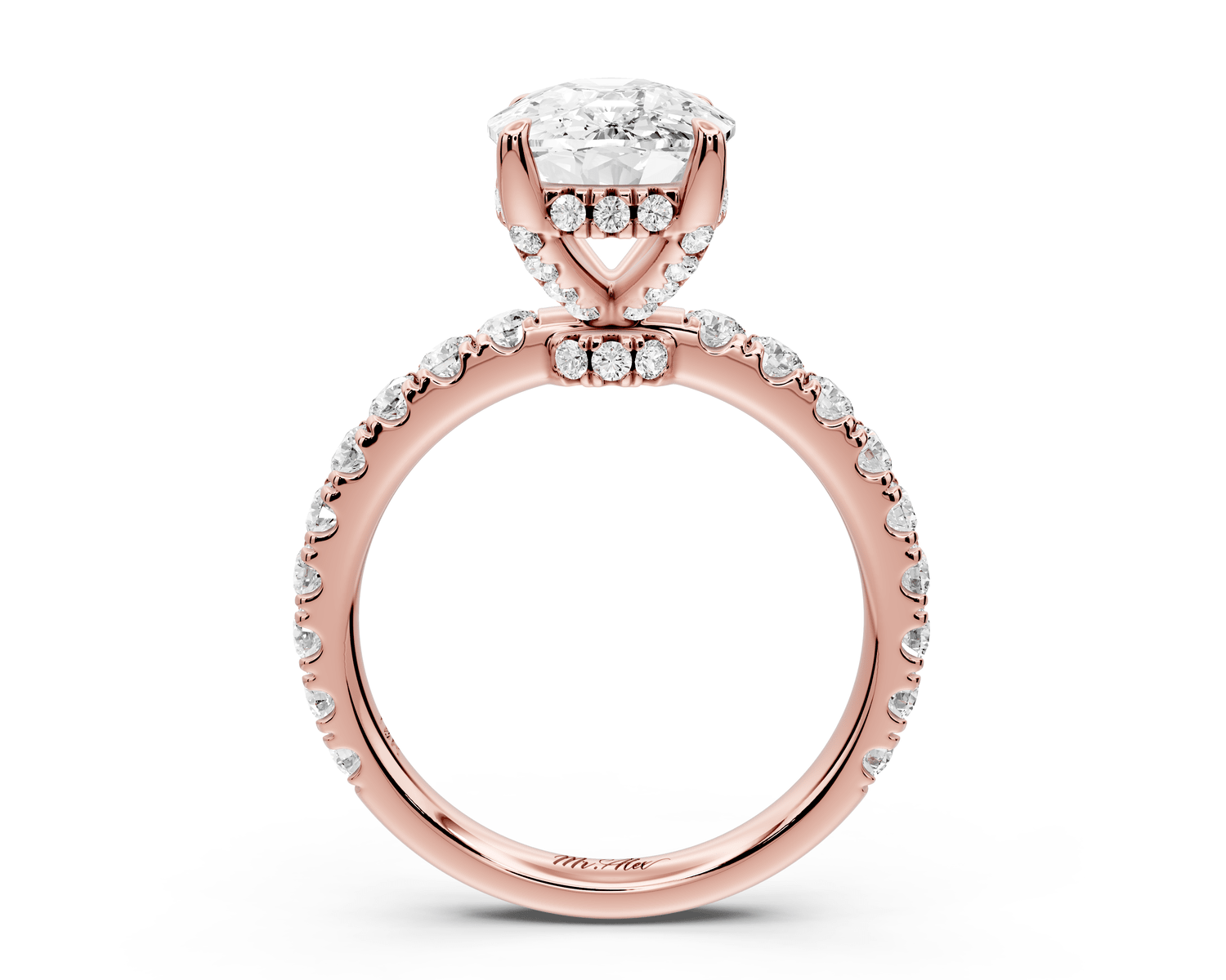 Jade - 4ct 14k rose gold ecushion hidden halo diamond crown and bridge pavé engagement ring - Mr. Alex Jewelry