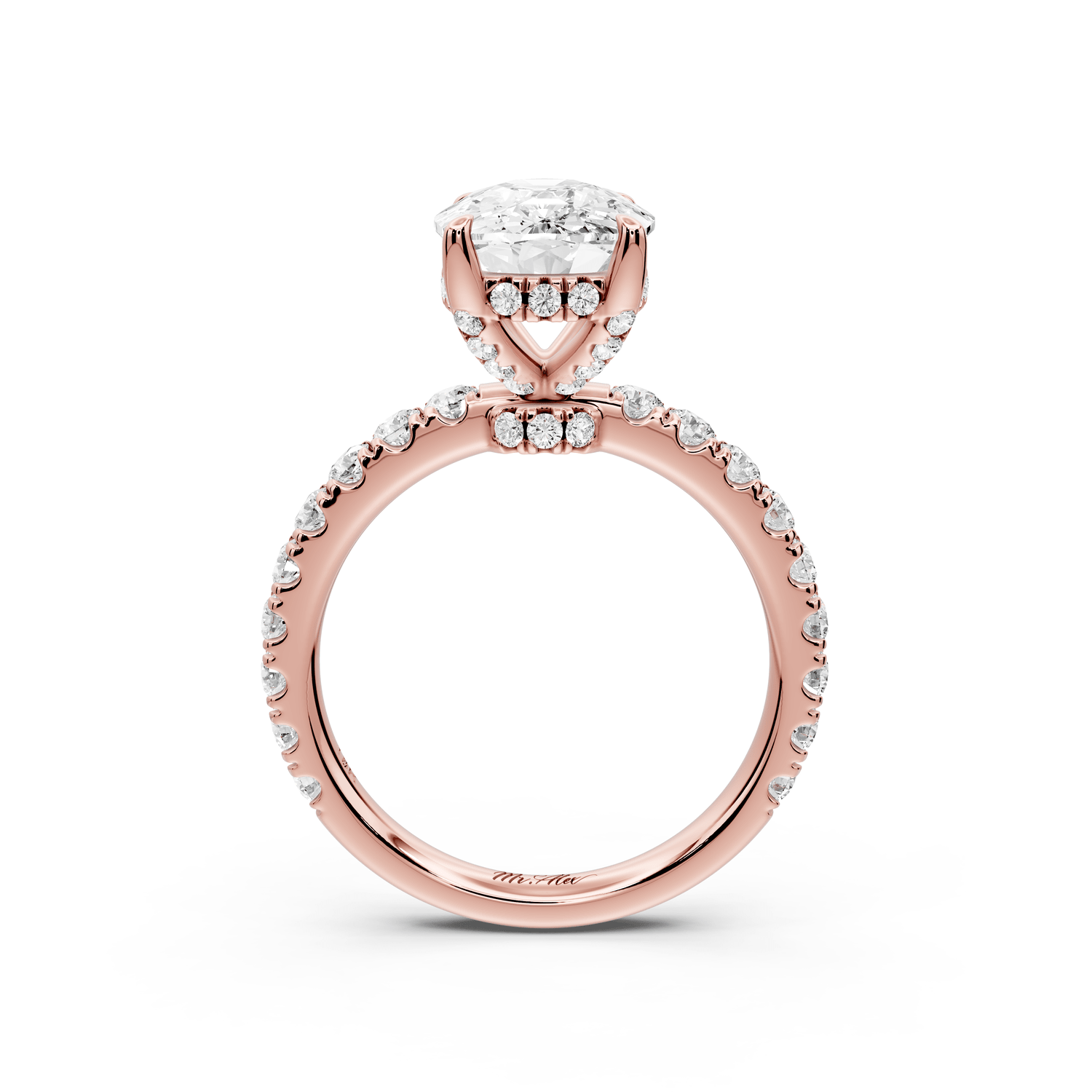 Jade - 4ct 14k rose gold ecushion hidden halo diamond crown and bridge pavé engagement ring - Mr. Alex Jewelry