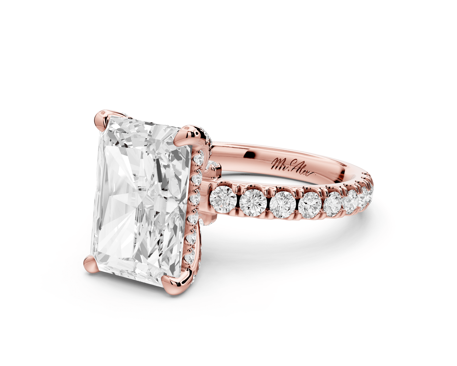 Jade - 4ct 14k rose gold radiant hidden halo diamond crown and bridge pavé engagement ring - Mr. Alex Jewelry