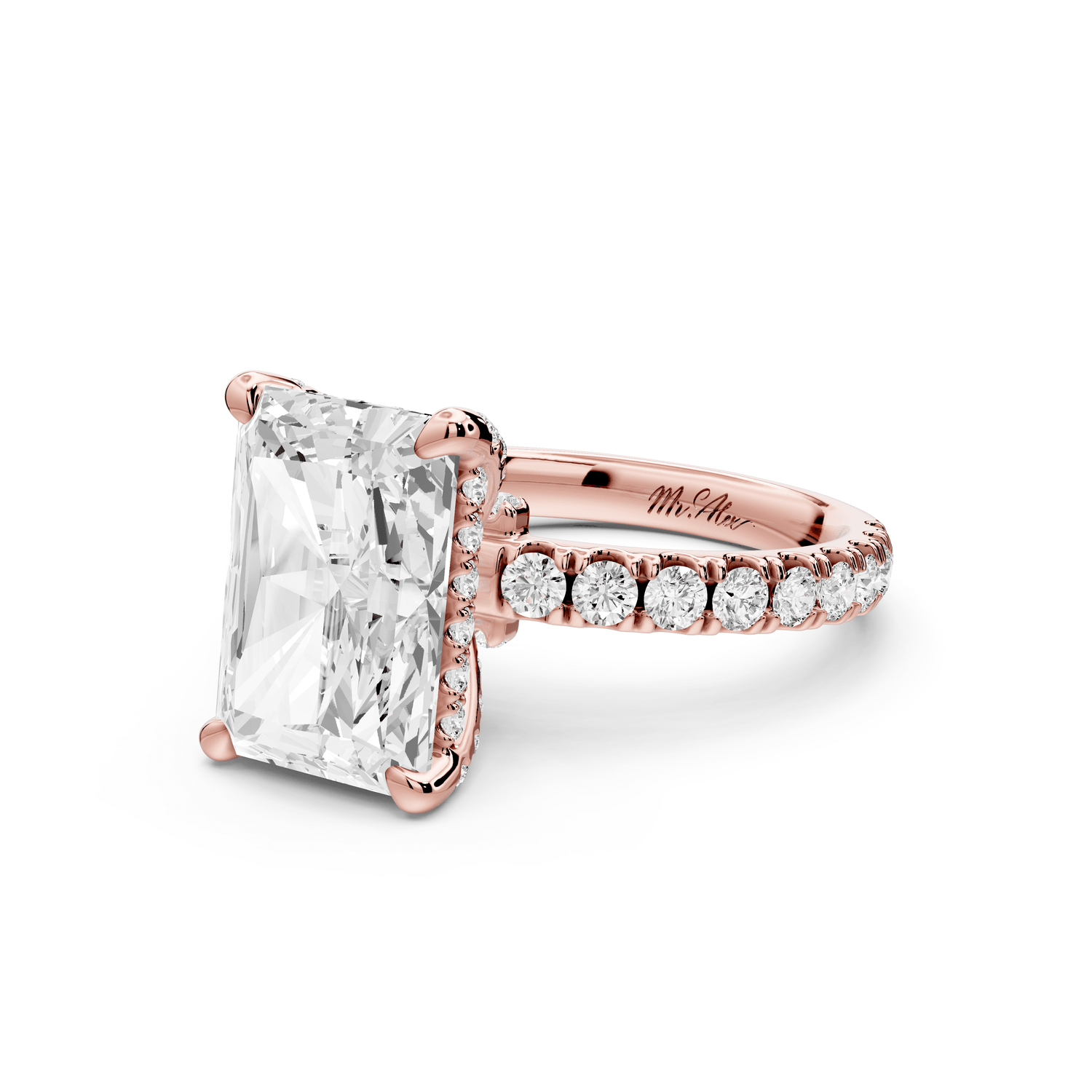 Jade - 4ct 14k rose gold radiant hidden halo diamond crown and bridge pavé engagement ring - Mr. Alex Jewelry