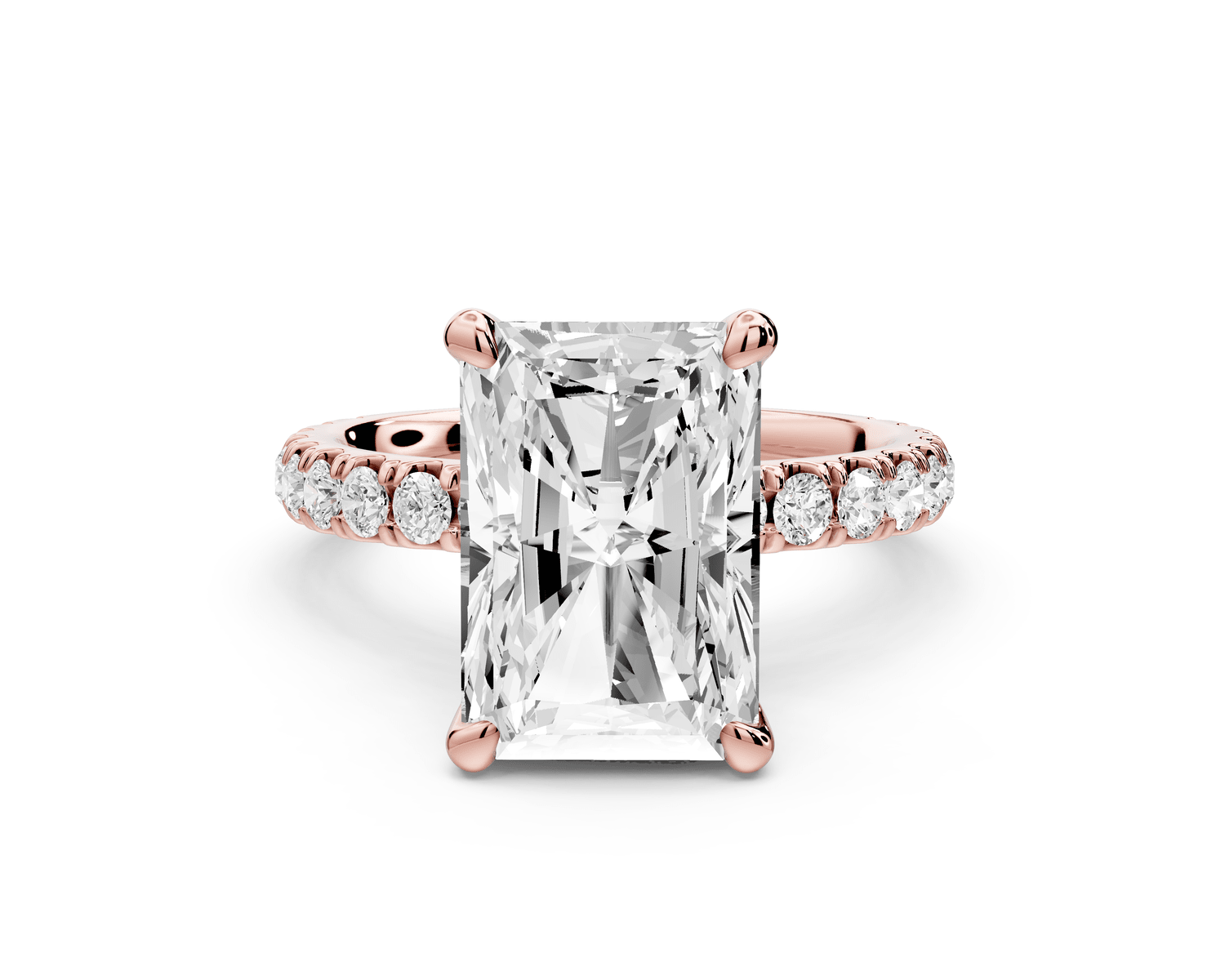 Jade - 4ct 14k rose gold radiant hidden halo diamond crown and bridge pavé engagement ring - Mr. Alex Jewelry