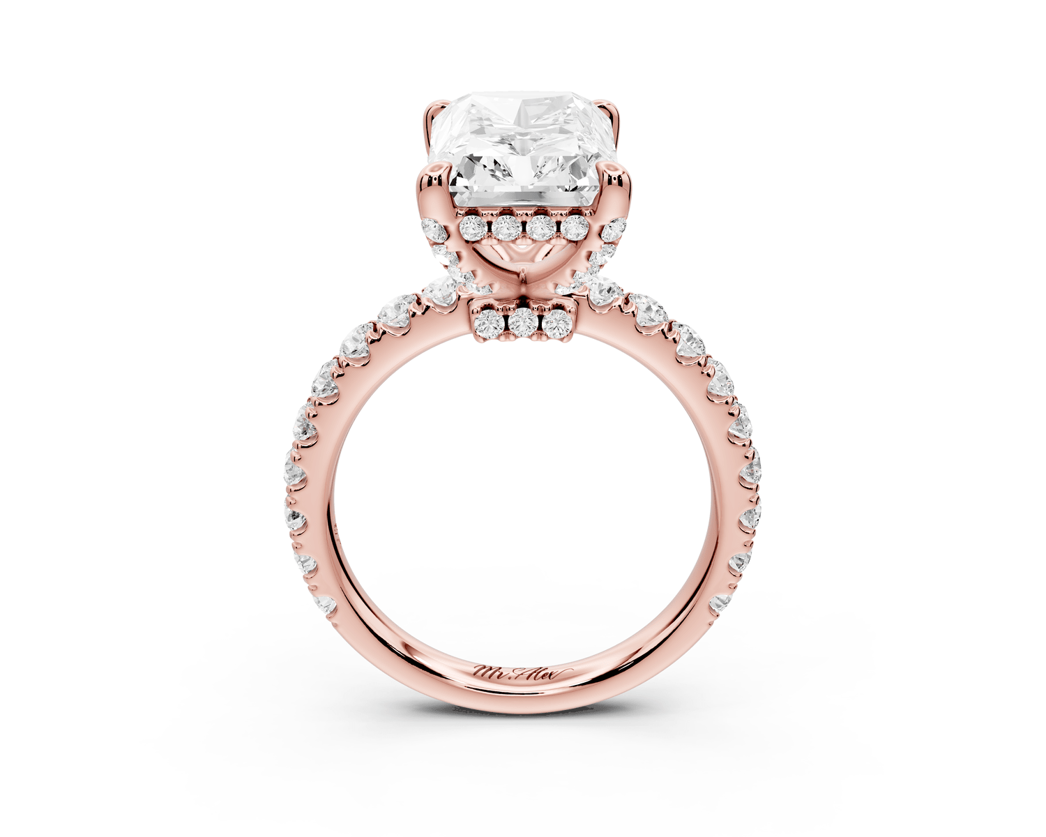 Jade - 4ct 14k rose gold radiant hidden halo diamond crown and bridge pavé engagement ring - Mr. Alex Jewelry