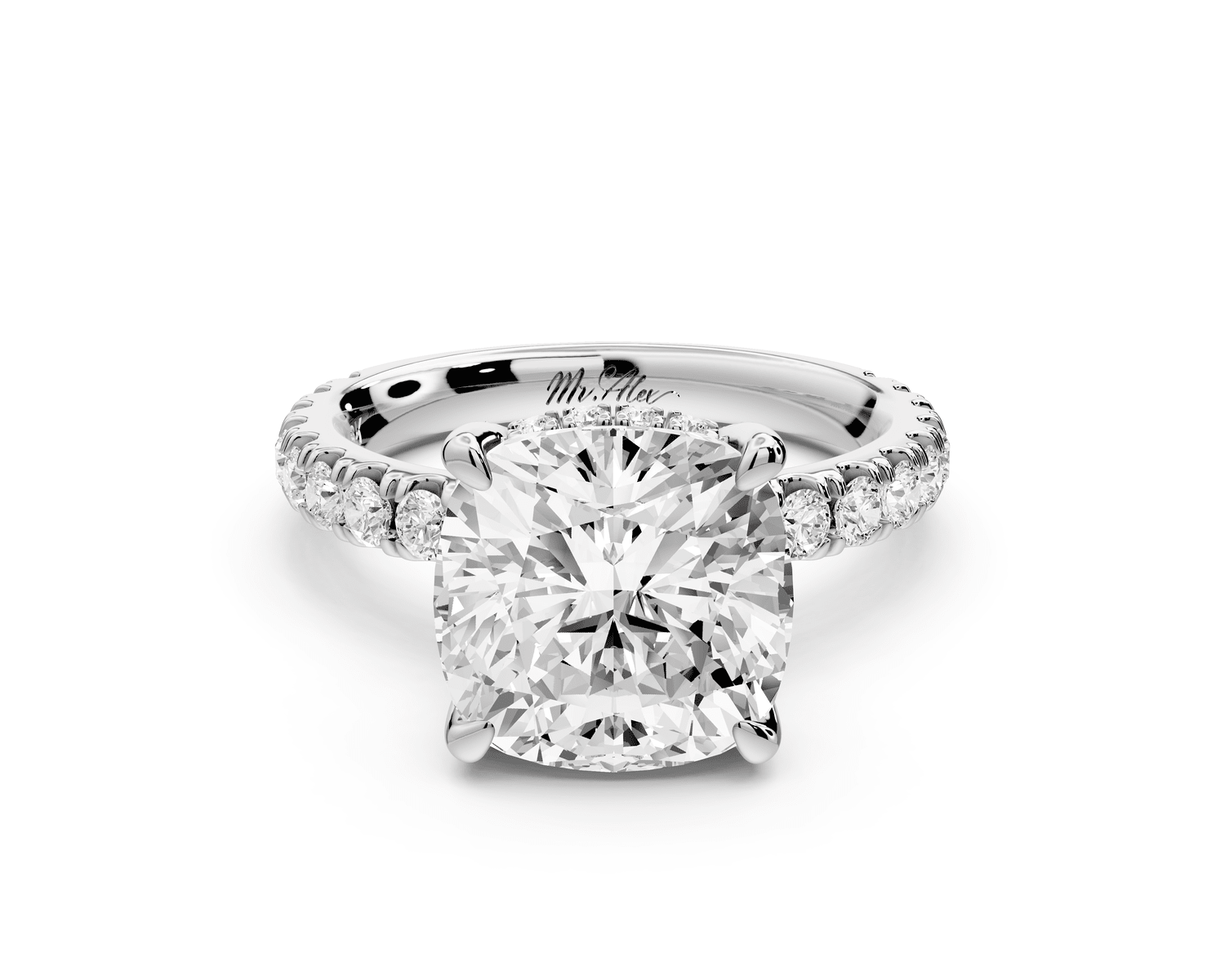 Jade - 4ct 14k white gold cushion hidden halo diamond crown and bridge pavé engagement ring - Mr. Alex Jewelry