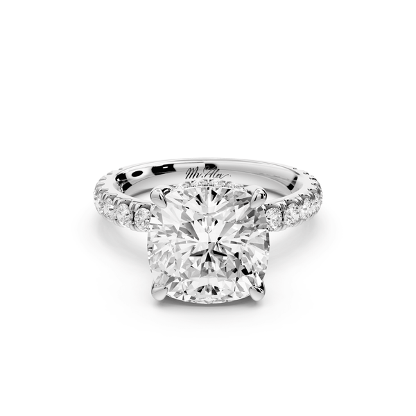 Jade - 4ct 14k white gold cushion hidden halo diamond crown and bridge pavé engagement ring - Mr. Alex Jewelry