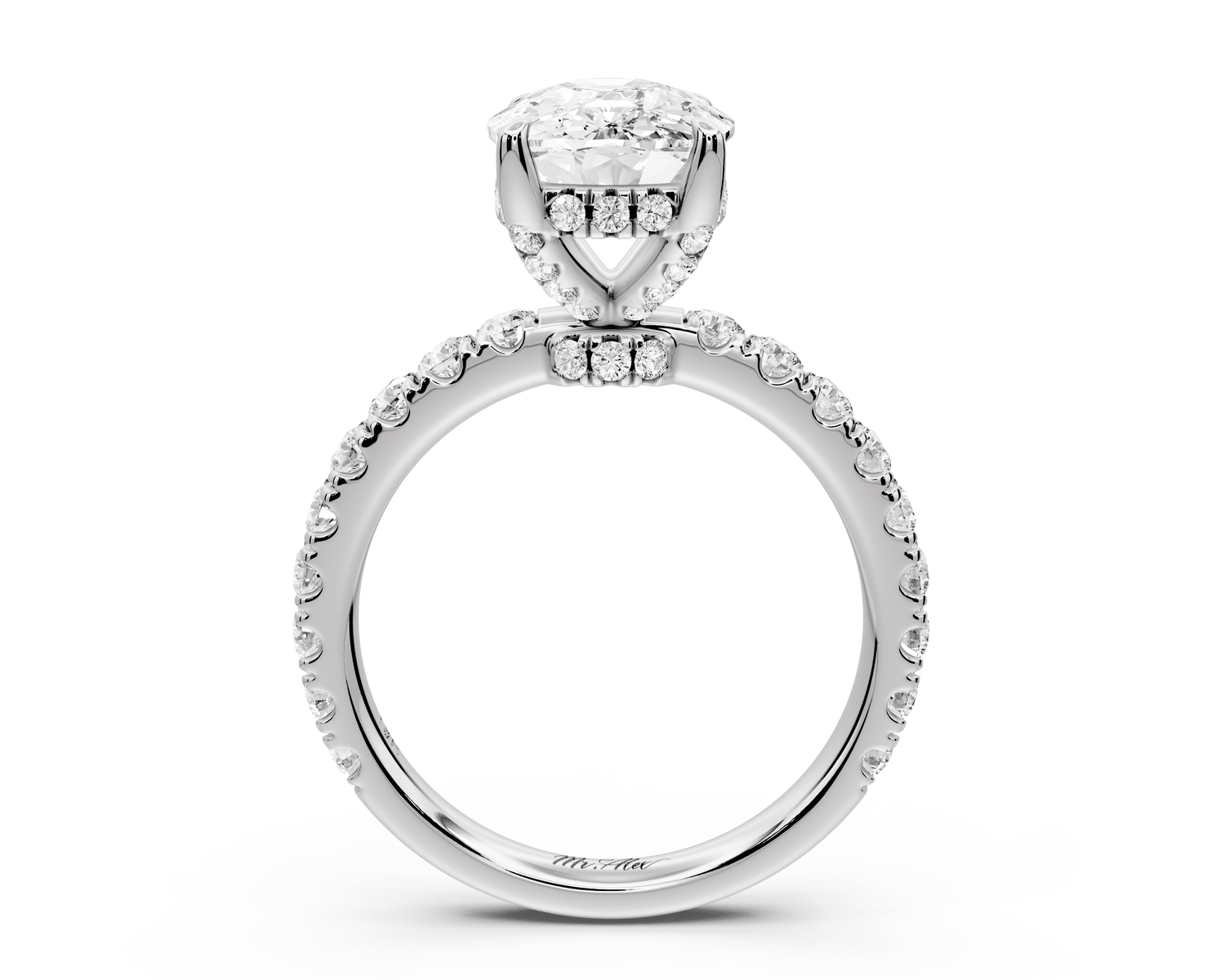 Jade - 4ct 14k white gold ecushion hidden halo diamond crown and bridge pavé engagement ring - Mr. Alex Jewelry