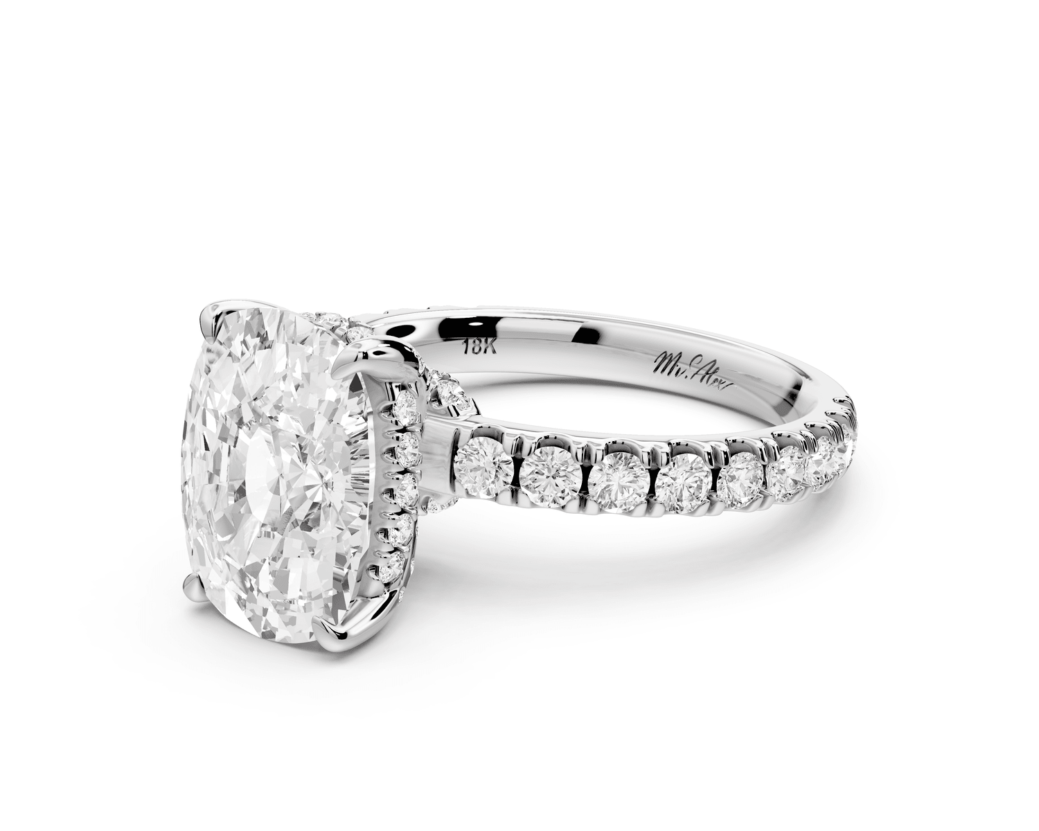Jade - 4ct 14k white gold ecushion hidden halo diamond crown and bridge pavé engagement ring - Mr. Alex Jewelry