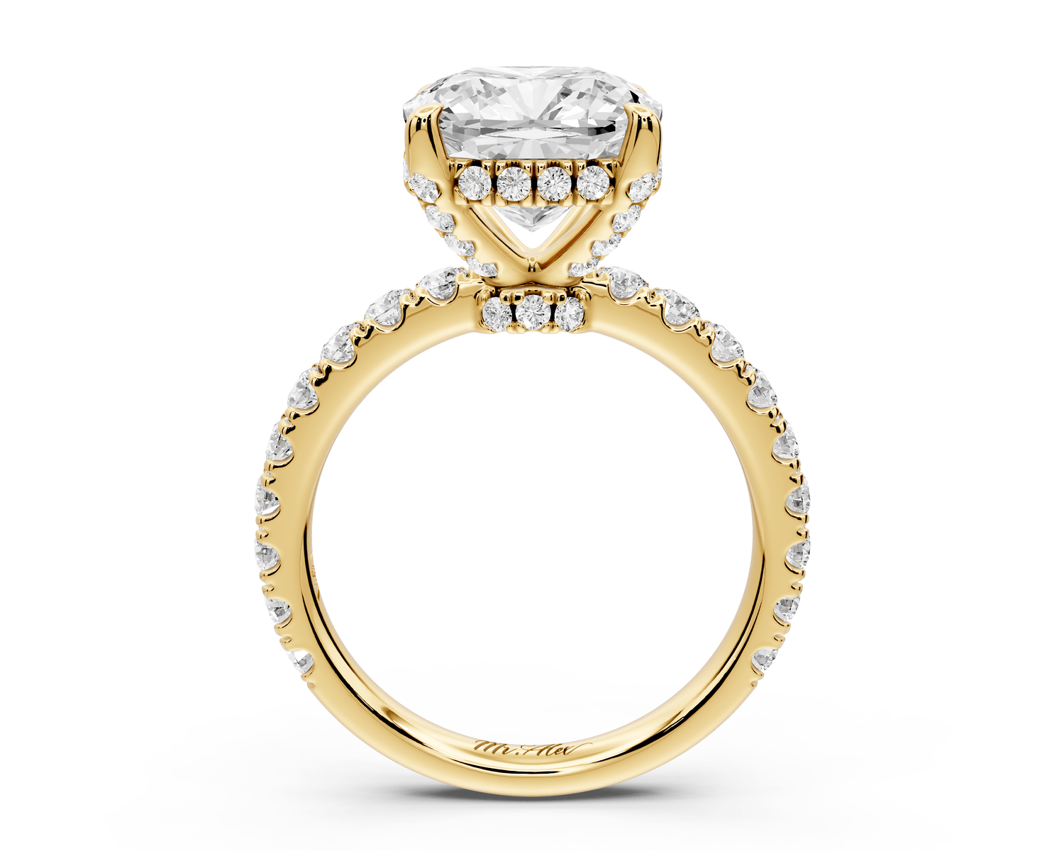 Jade - 4ct 14k yellow gold cushion hidden halo diamond crown and bridge pavé engagement ring - Mr. Alex Jewelry