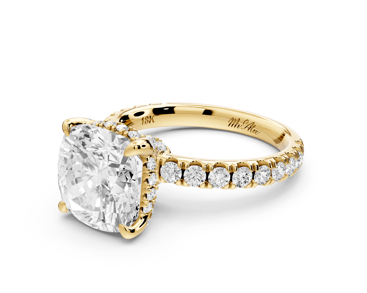Jade - 4ct 14k yellow gold cushion hidden halo diamond crown and bridge pavé engagement ring - Mr. Alex Jewelry
