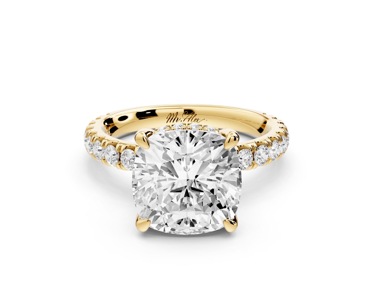 Jade - 4ct 14k yellow gold cushion hidden halo diamond crown and bridge pavé engagement ring - Mr. Alex Jewelry