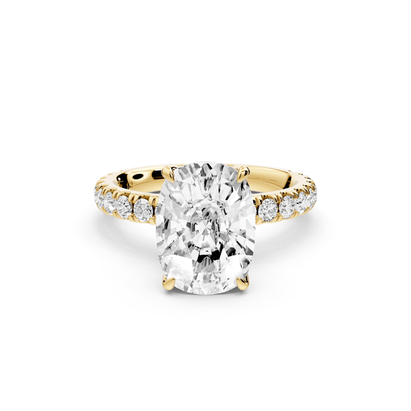 Jade - 4ct 14k yellow gold ecushion hidden halo diamond crown and bridge pavé engagement ring - Mr. Alex Jewelry