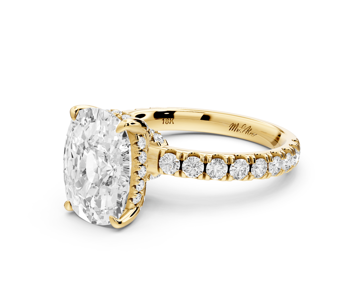 Jade - 4ct 14k yellow gold ecushion hidden halo diamond crown and bridge pavé engagement ring - Mr. Alex Jewelry