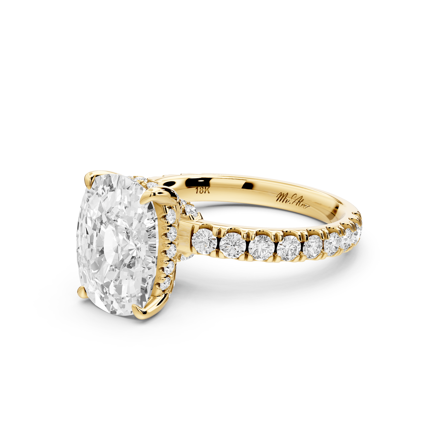 Jade - 4ct 14k yellow gold ecushion hidden halo diamond crown and bridge pavé engagement ring - Mr. Alex Jewelry