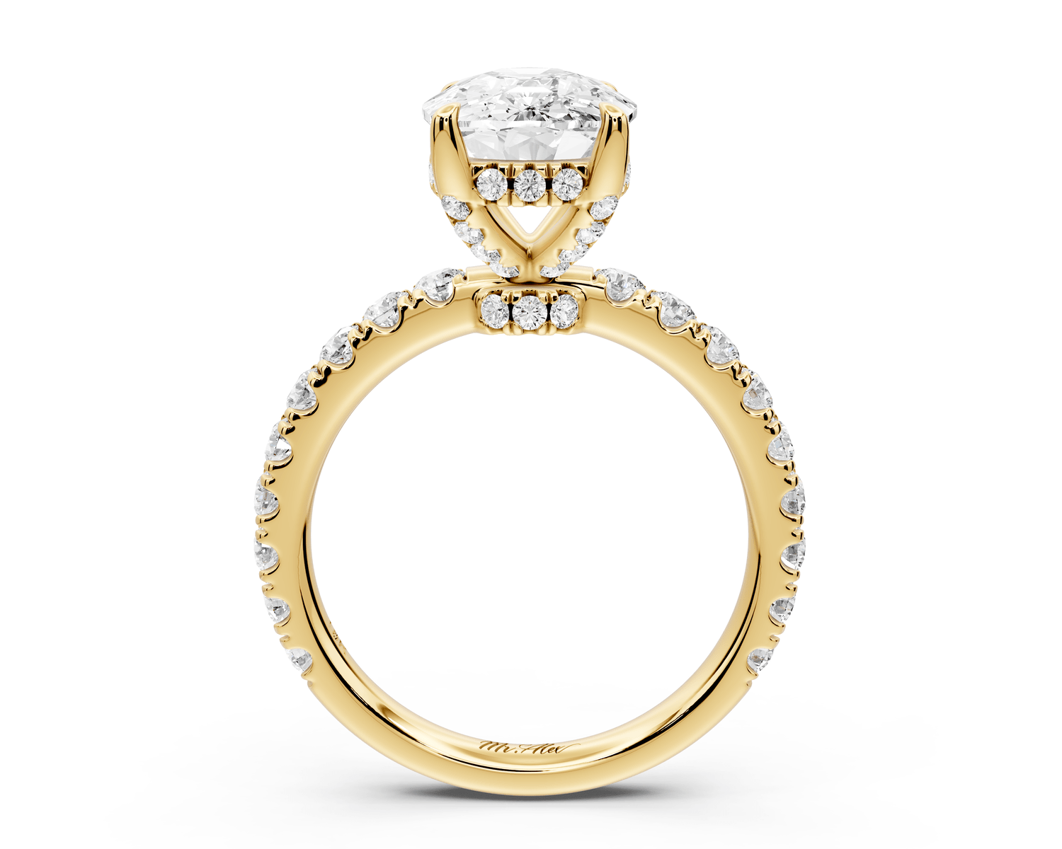 Jade - 4ct 14k yellow gold ecushion hidden halo diamond crown and bridge pavé engagement ring - Mr. Alex Jewelry
