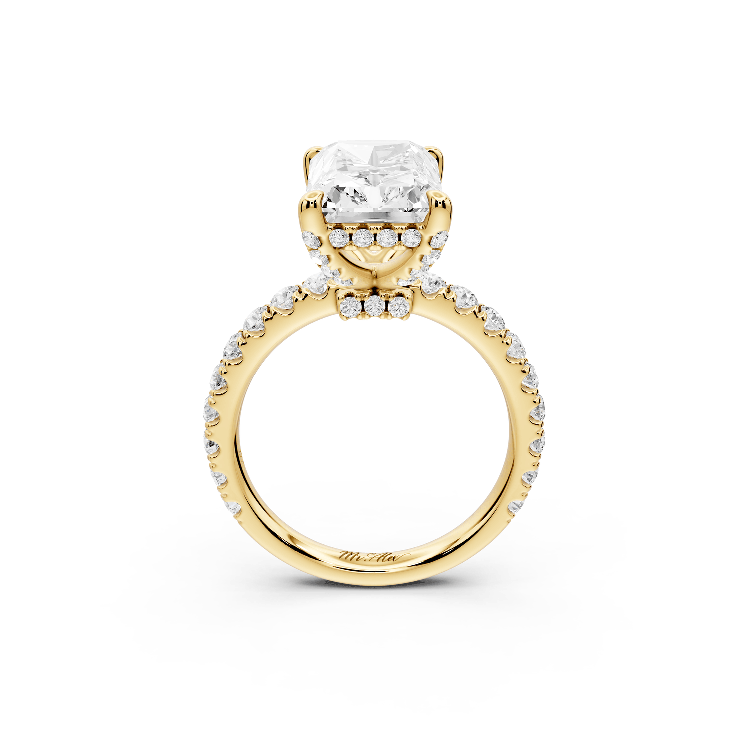 Jade - 4ct 14k yellow gold radiant hidden halo diamond crown and bridge pavé engagement ring - Mr. Alex Jewelry