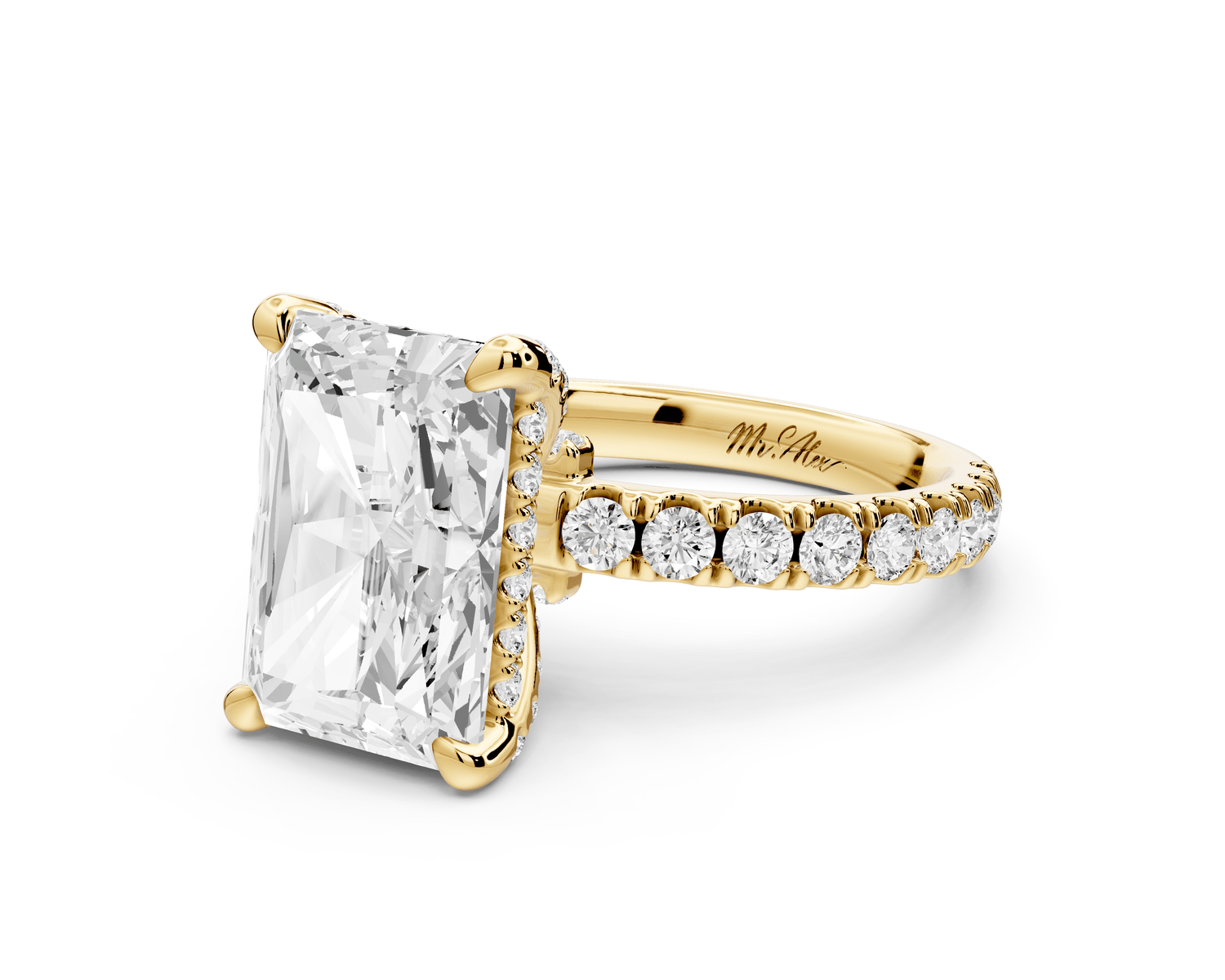 Jade - 4ct 14k yellow gold radiant hidden halo diamond crown and bridge pavé engagement ring - Mr. Alex Jewelry