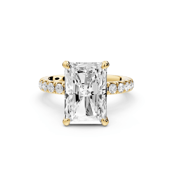 Jade - 4ct 14k yellow gold radiant hidden halo diamond crown and bridge pavé engagement ring - Mr. Alex Jewelry