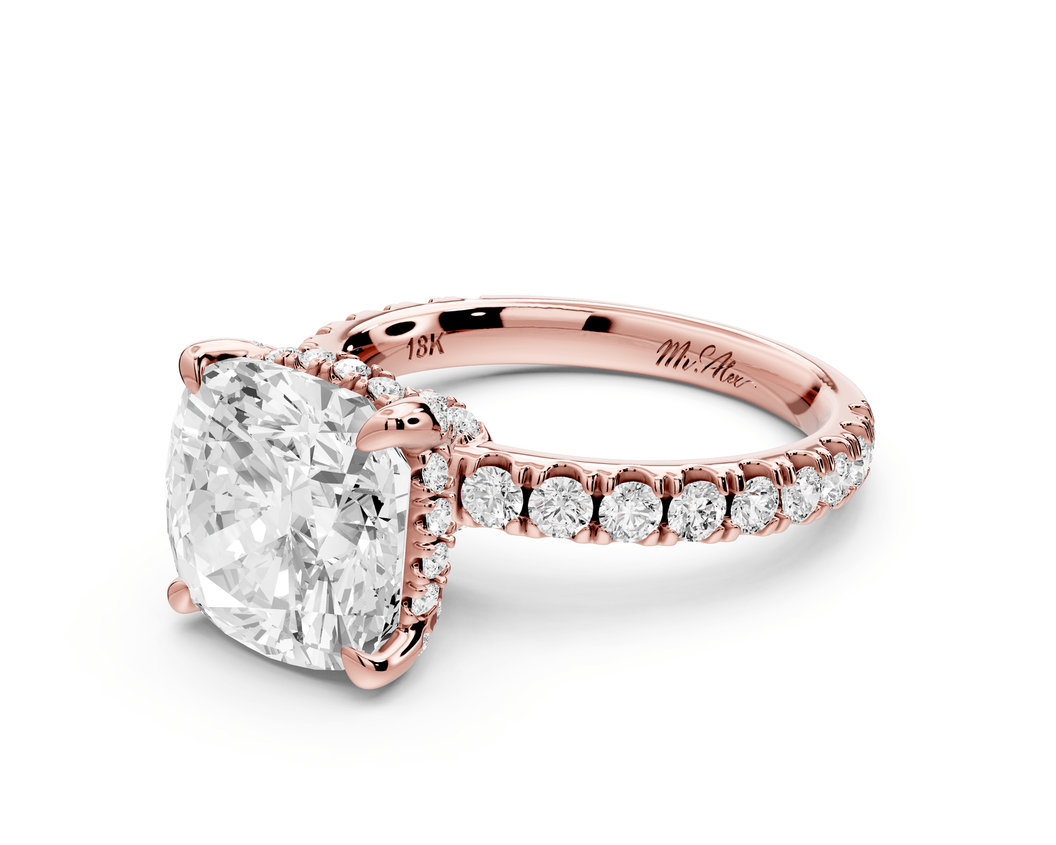 Jade - 4ct 18k rose gold cushion hidden halo diamond crown and bridge pavé engagement ring - Mr. Alex Jewelry