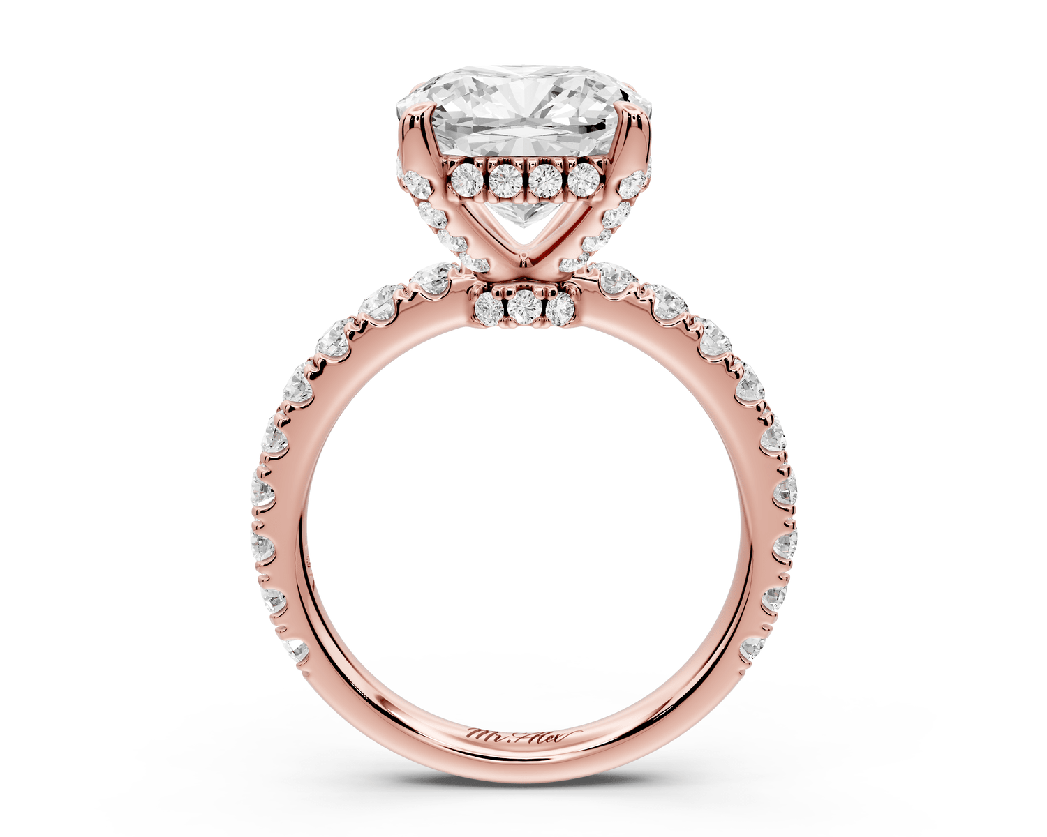 Jade - 4ct 18k rose gold cushion hidden halo diamond crown and bridge pavé engagement ring - Mr. Alex Jewelry