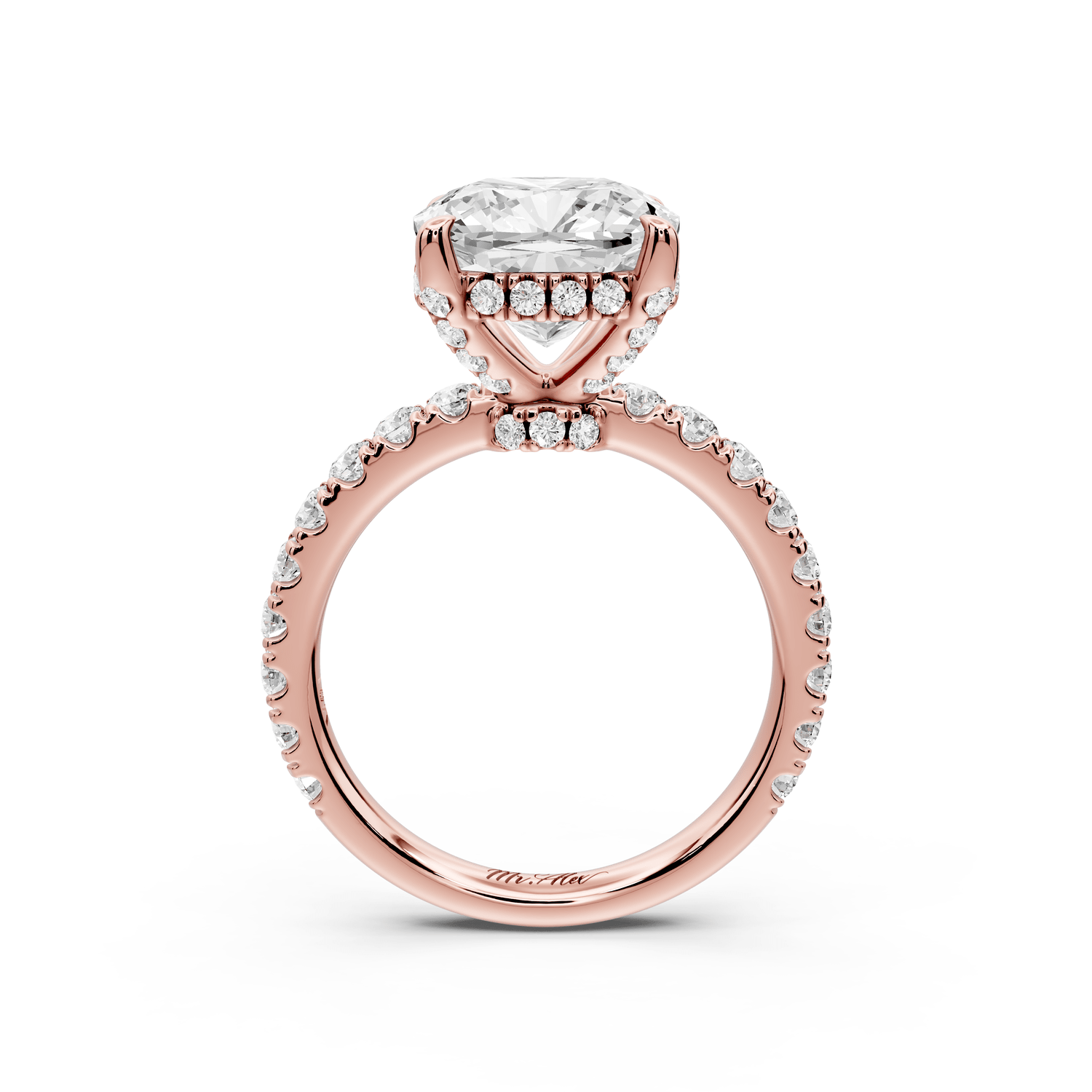 Jade - 4ct 18k rose gold cushion hidden halo diamond crown and bridge pavé engagement ring - Mr. Alex Jewelry