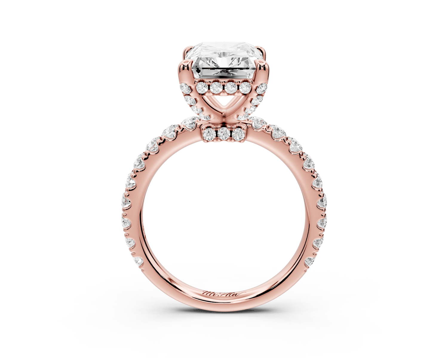 Jade - 4ct 18k rose gold emerald hidden halo diamond crown and bridge pavé engagamnet ring - Mr. Alex Jewelry